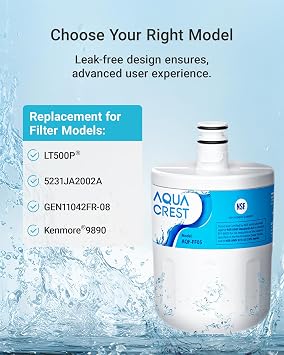 AQUA CREST 5231JA2002A Refrigerator Water Filter, Replacement for LG LT500P, GEN11042FR-08, ADQ72910911, ADQ72910901, ADQ72910907, Kenmore 9890, LFX25974ST, LMX25964ST, 3 Filters
