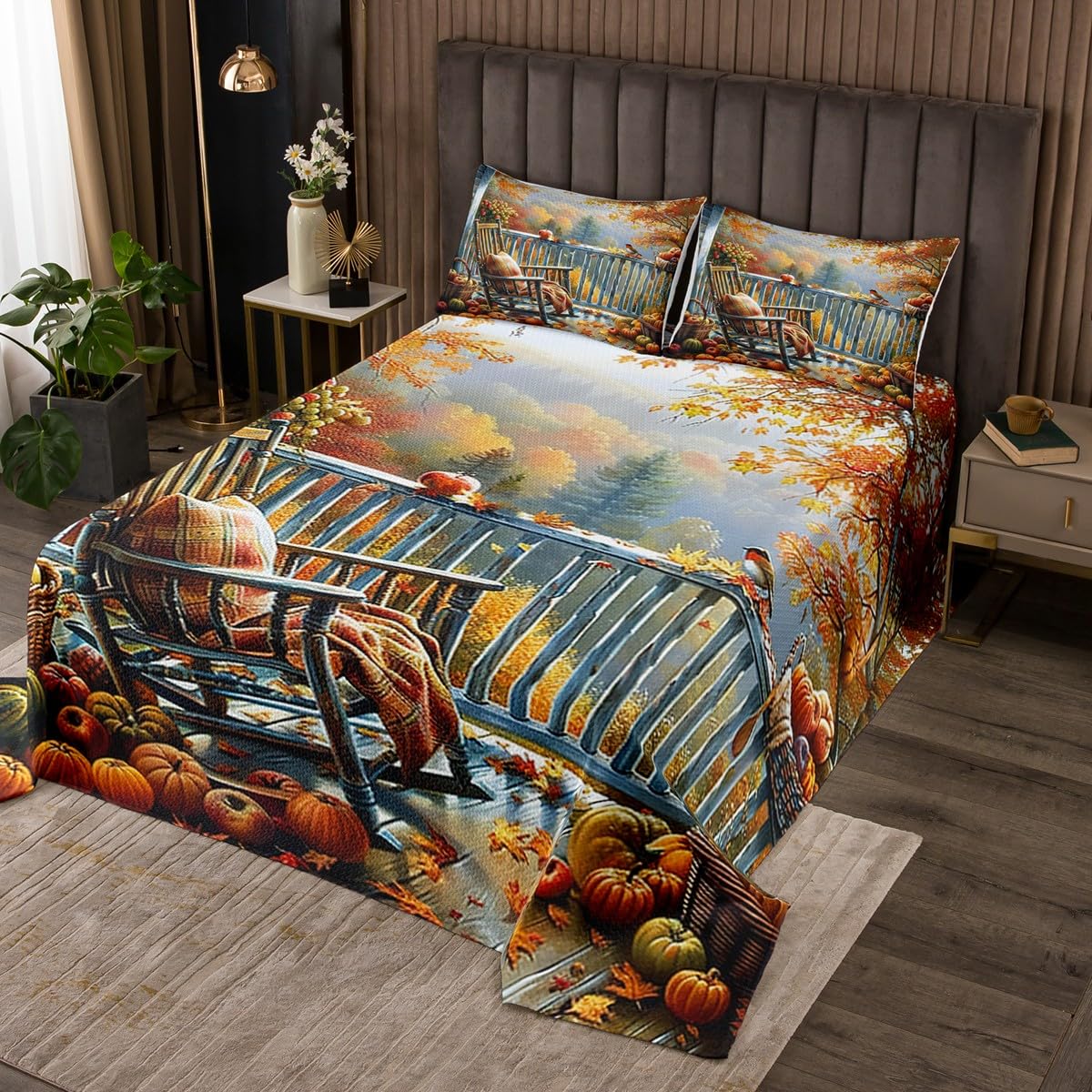 Autumn Theme Kids Bedspread Twin Size,Fall Harvest Pumpkin Jungle Maple Leaves Coverlet Set,Boys Girls Room Decor,Natural Scenery Rustic Quilted Coverlet,Orange Bedding Quilt,1 Pillowcase