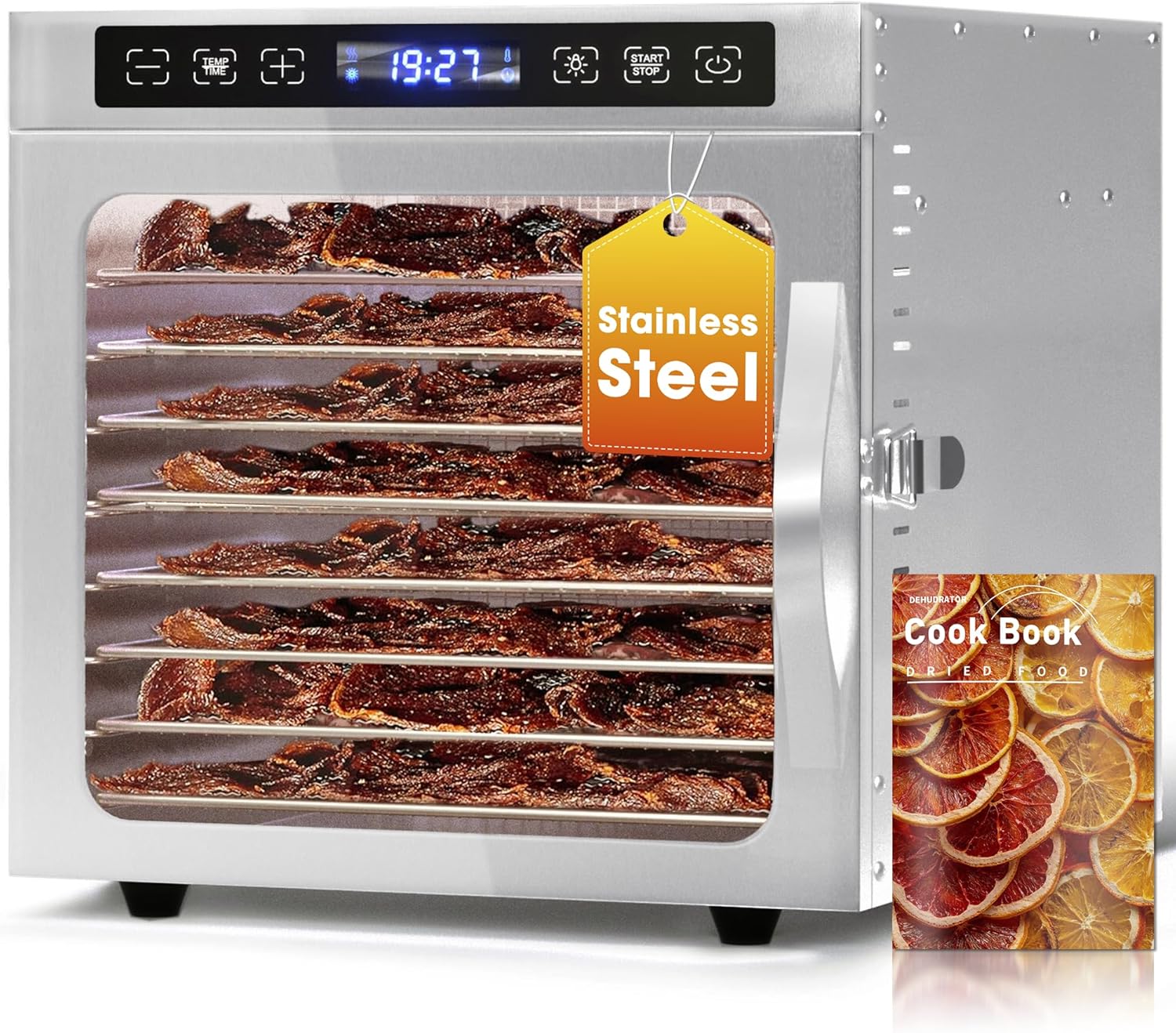 Manastin Food Dehydrator Machine, 8 Stainless Steel Trays, Jerky Dehydrator with 8.67ft² Drying Space, 160°F Fruits Dryer, 24H Timer, LED Light, Dehydrated Dryer for Meat, Jerky, Dog Treats & Yogurt