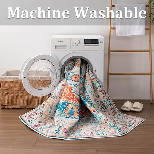 Miniatura 5 de YIHOUSE Alfombras azules lavables de 5 x 7 pies para sala de estar, estilo bohemio, vintage, envejecido, alfombra oriental antideslizante para