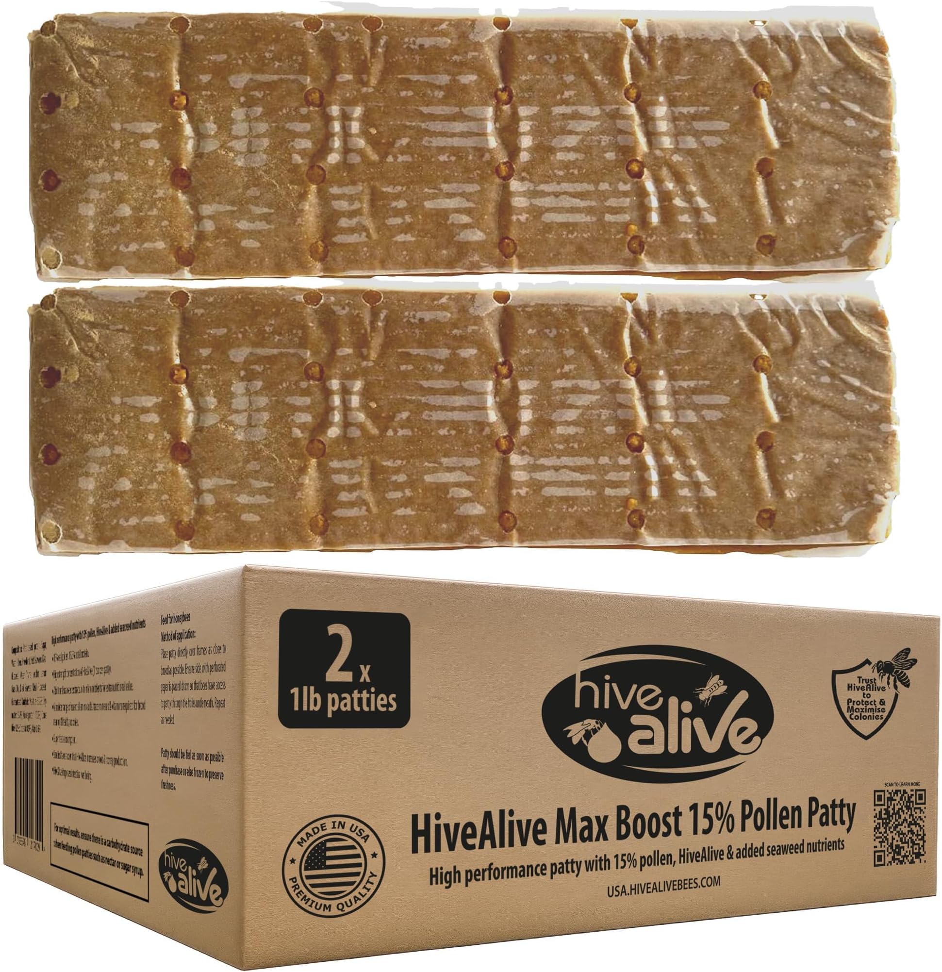 HIVE ALIVE Pollen Patty for Honey Bees, 2 x 1 lb, 15% USA Pollen, Protein Patty