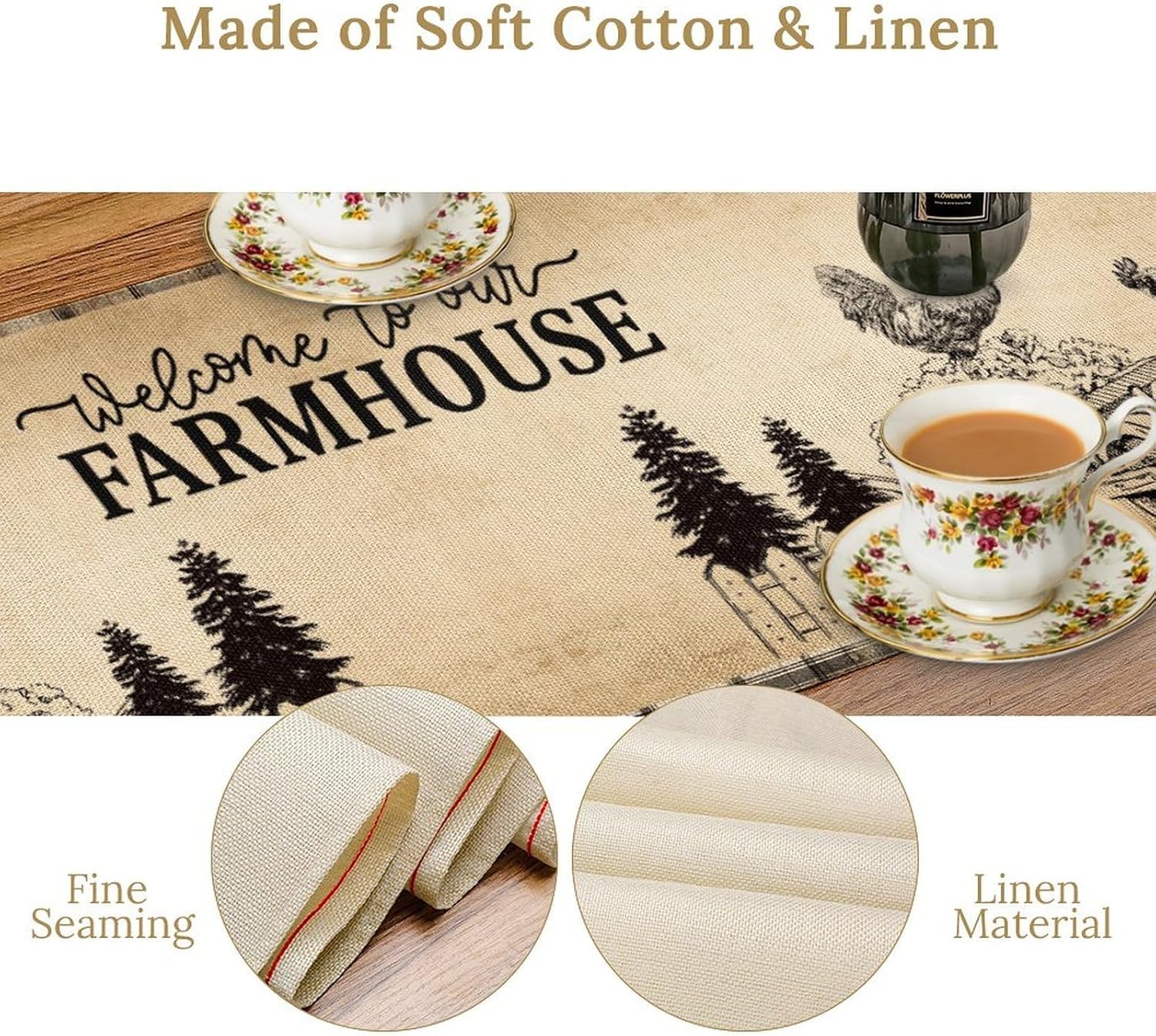 Farmhouse Cow Table Runner, Rustic Farm Animals Cow Pig Chichen Wooden Retro Coffee Table Center Decor for Family Kitchen Outdoor Farmhouse Holiday Party Table Decorations, 13"x108"