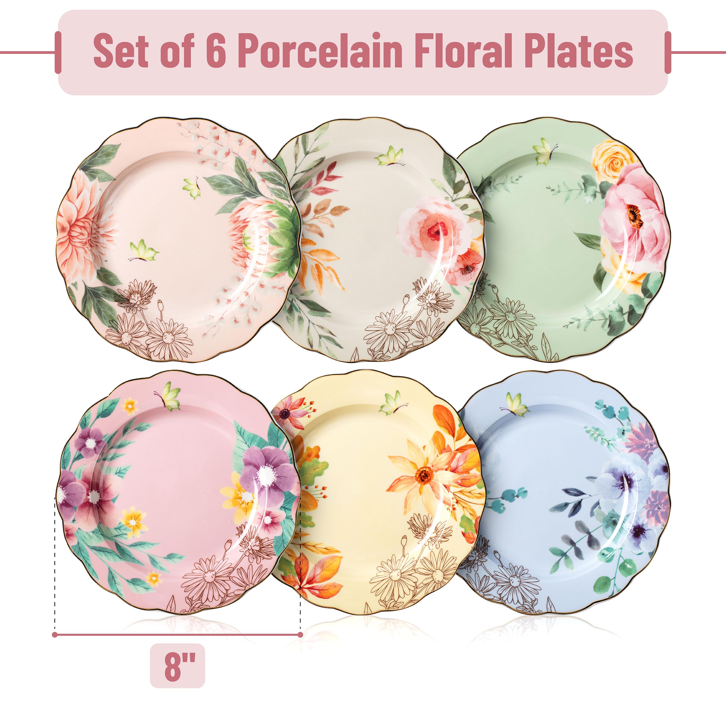 BTaT- Porcelain Floral Plates, 8 inch, Set of 6, Royal Dessert Plates, Appetizer Plates, Floral Plates, Salad Plates, Small Plates, Small Plates Set, Small Dishes, Dinnerware