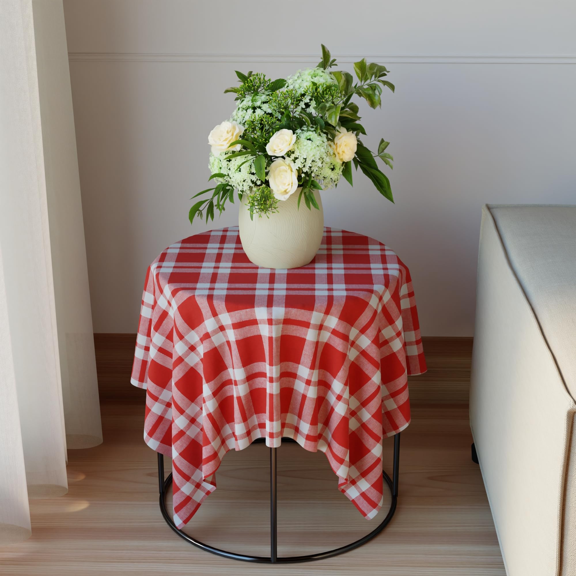 Encasa XO Dining Table Cover | 35"x35" Recycled Cotton Tablecloth | Franca Red Checks Design Table Cloth For Decoration - Machine Washable.