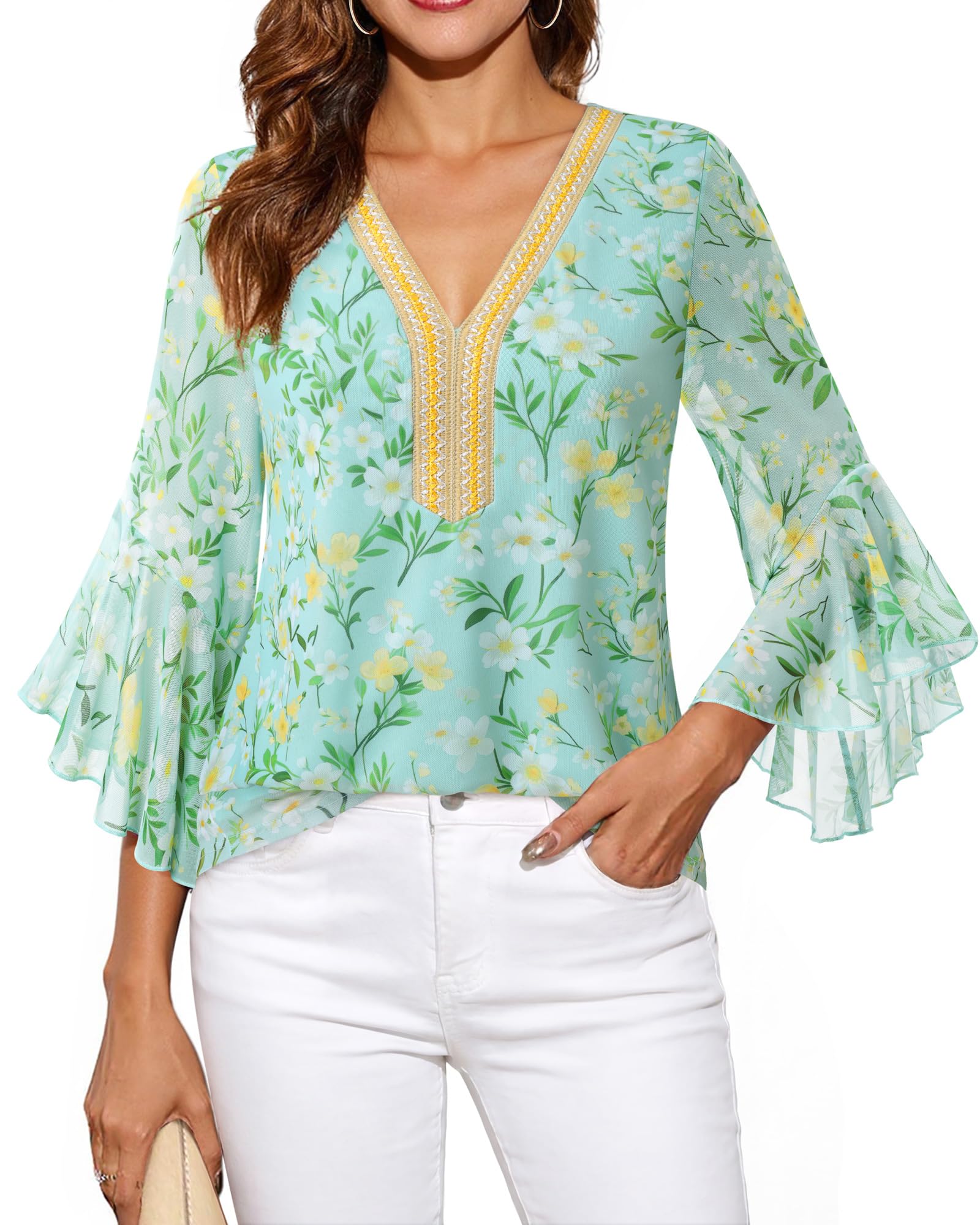 Bodhi talk Elegante camicetta da donna a 3/4, maniche a volant, con brillantini, tunica con scollo a V, a doppio strato, in rete, ideale per tutti i giorni e le feste
