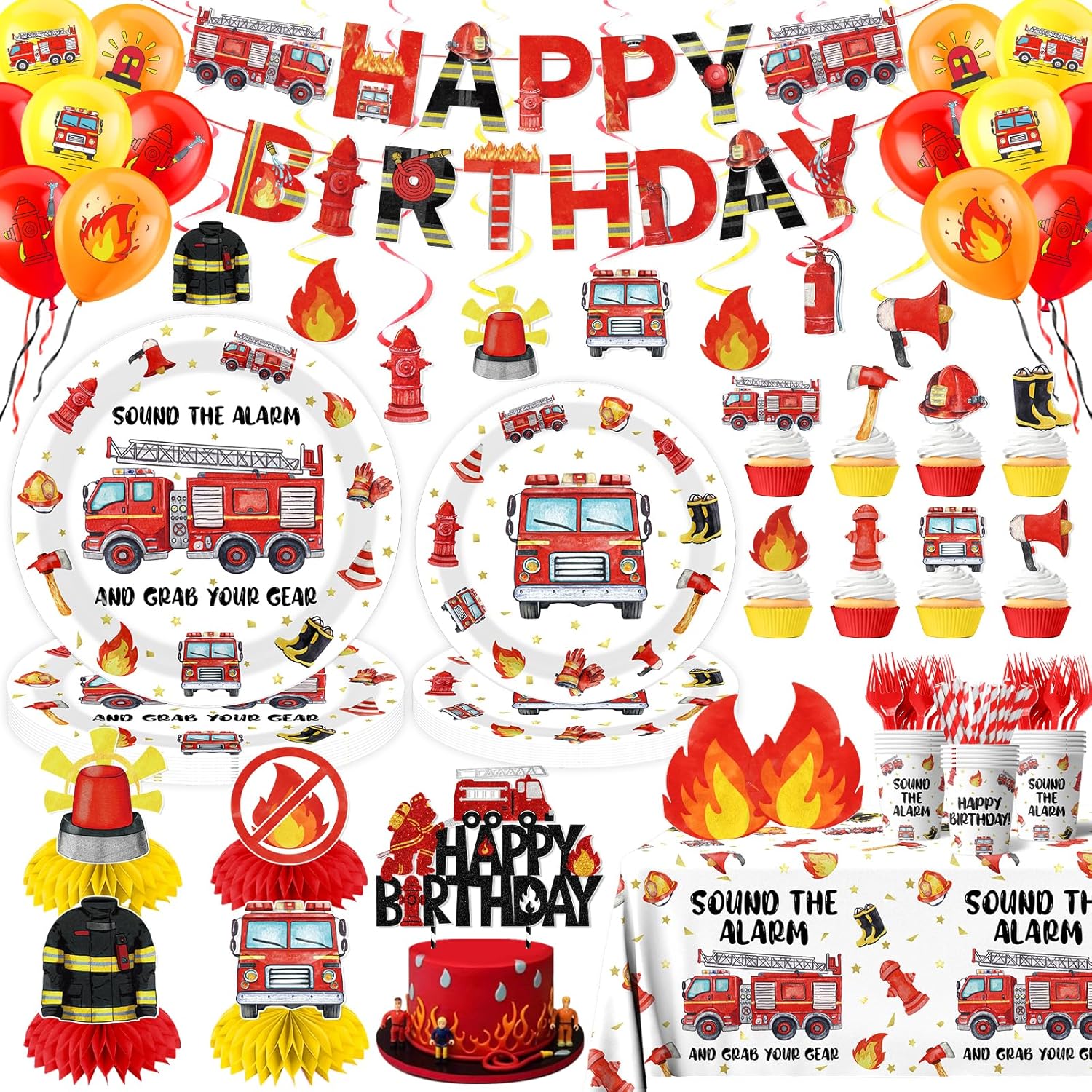 219pcs Firetruck Birthday Decorations Tableware Include Fire Truck Plates and Napkins Set, Cups, Banner, Hanging, Tablecloth, Cake Topper, Cupcake Topper for Firefighter Party Decorations Serve 24