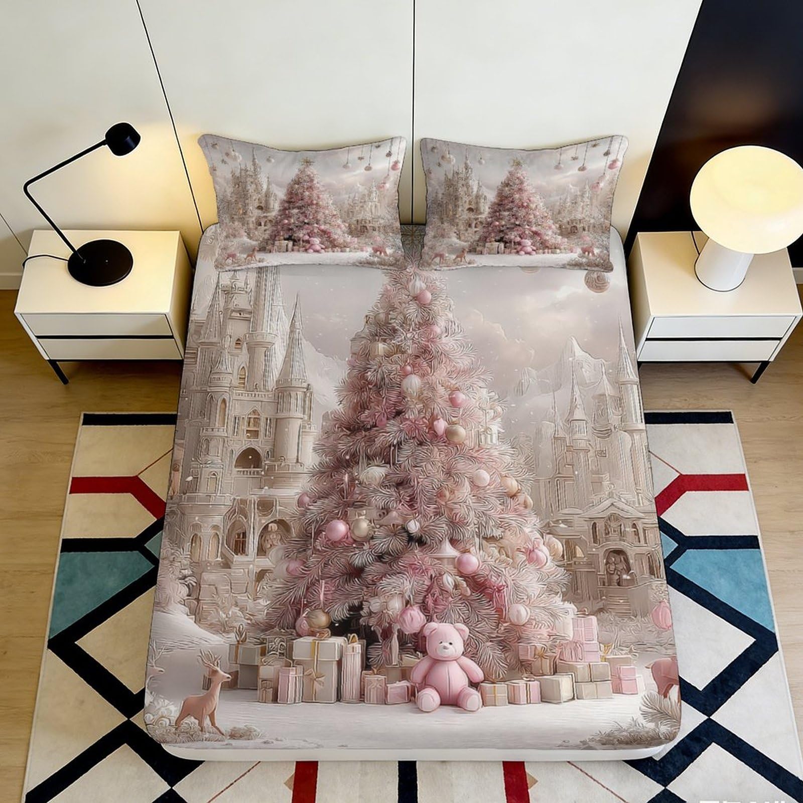 3D Printed Christmas Castle Fitted Sheet Microfiber Soft Pink Tree Bed Cover for Bedroom Guest Room Dorm Decor 114 120x200x25cm