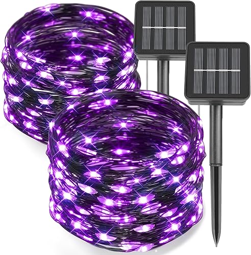 kemooie Paquete de 2 tiras de luces solares, 100 luces LED de 33 pies, 8 modos de parpadeo, luces de hadas verdes alimentadas por energía solar,