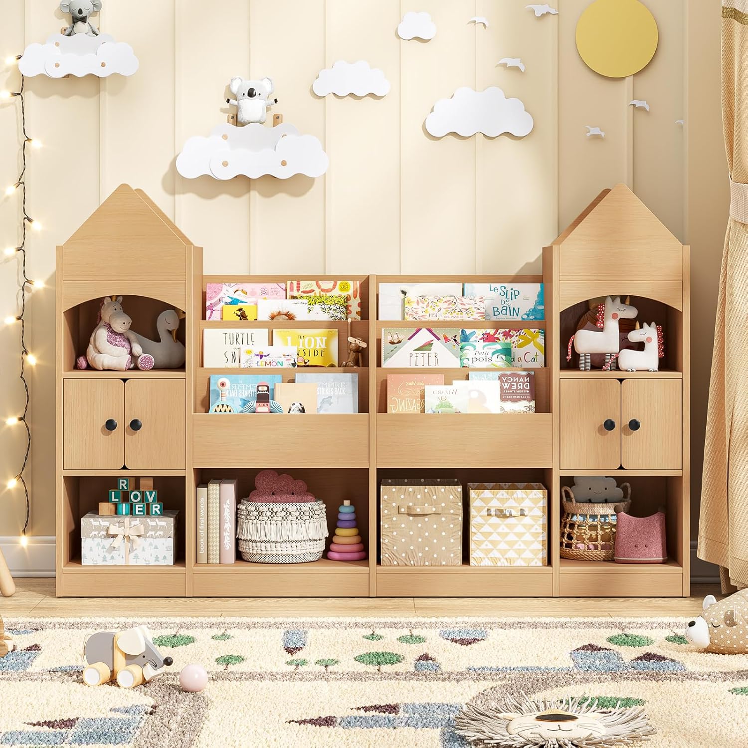 Vabches Castle Shape Children's Bookshelf, Kids Bookcase Display Case Kids Toy Storage Organizer Multifunctional Storage Cabinet Bookshelf Suitable for Playroom, Children's Room, Living Room, White