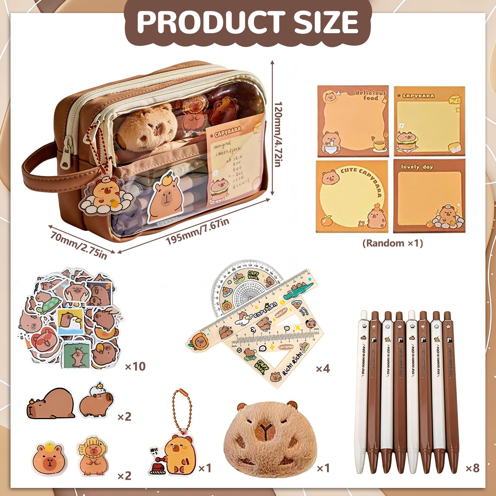 Trousse Capybara Kawaii Ensemble Papeterie avec Stylo Règle Autocollants Pins Porte-clés Blocs-Notes Grande Capacité Bureau École