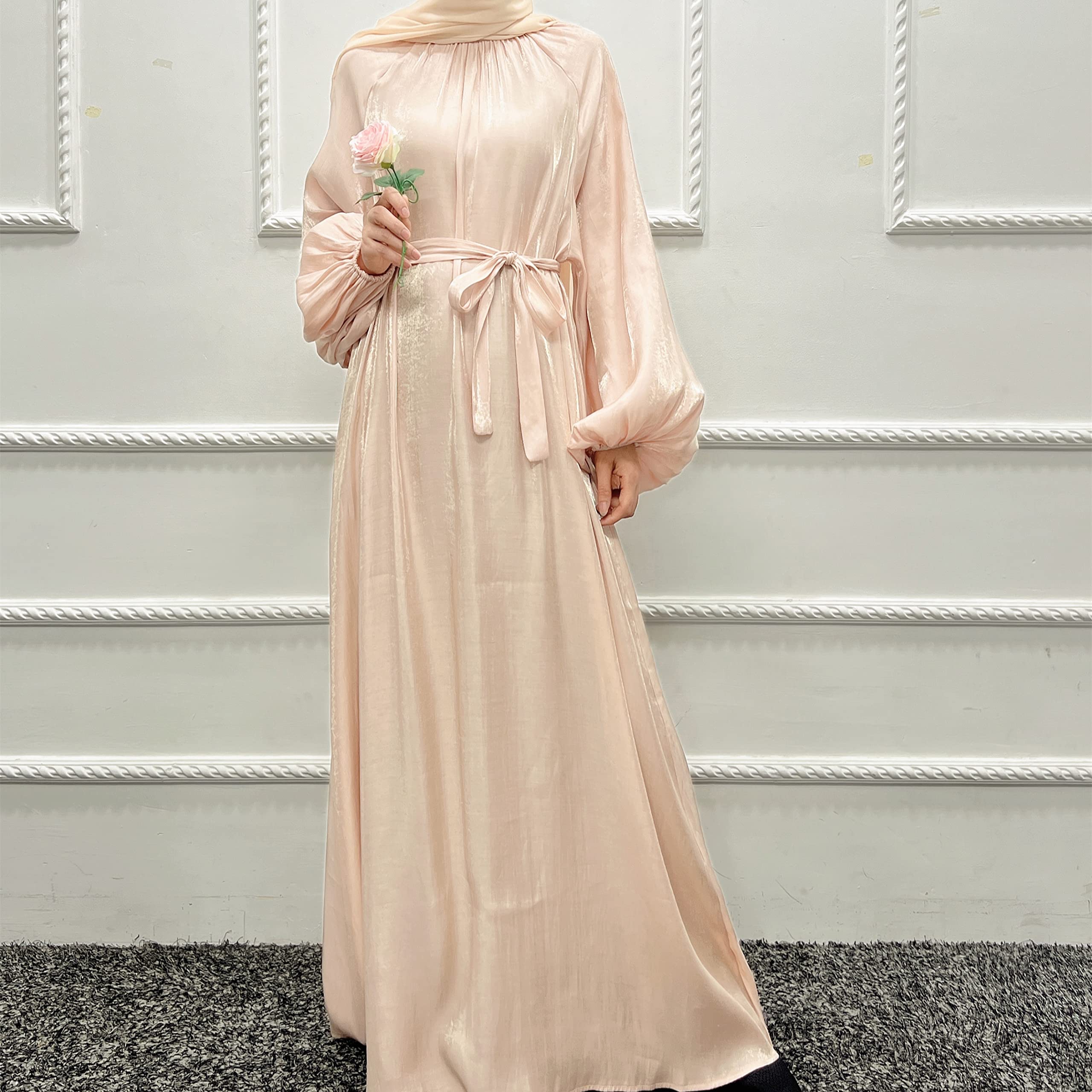 CLMJHG Abaya Dubai Muslim Party Kleid Laterne Ärmel Türkei Abayas Frauen Islamische Elegante Ramadan Kleidung mit Gürtel ohne Hijab