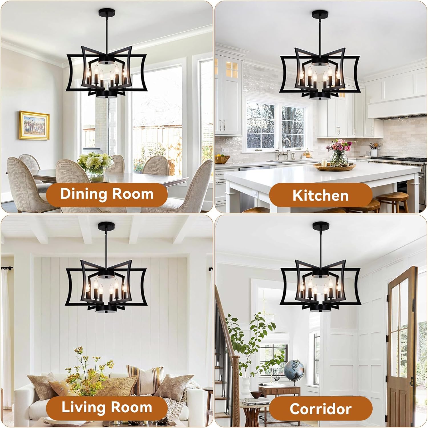 22.84" Black Metal Pendant Light, 6-Light Dining Room Light Fixture Modern Industrial Geometric Chandelier Lighting, Suitable for Villa Foyer, Kitchen Islands, and Farmhouse Living Rooms