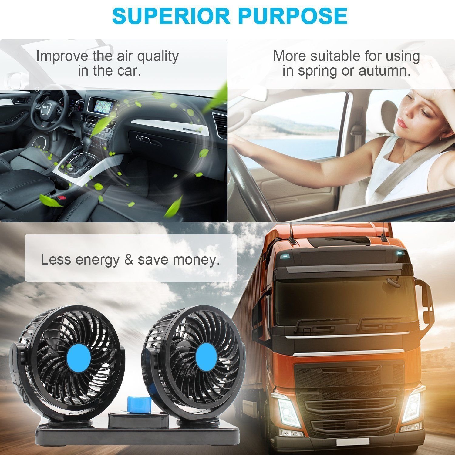 Ventilatore Doppio 12V, egolazione Libera 360 Rotating Dual Head Auto Car Raffreddamento Aria Ventilatore Potenti Tranquilla a 2 Ventole a Velocità Ruotabile Cruscotto
