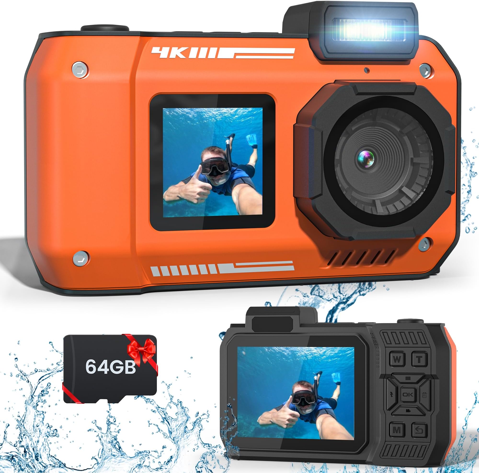 Underwater Camera 4K 65MP 10M Heavy Duty Dustproof Shock Proof Auto Focus Dual Screen Underwater Camera for Snorkeling Diving Snorkeling Digital Camera