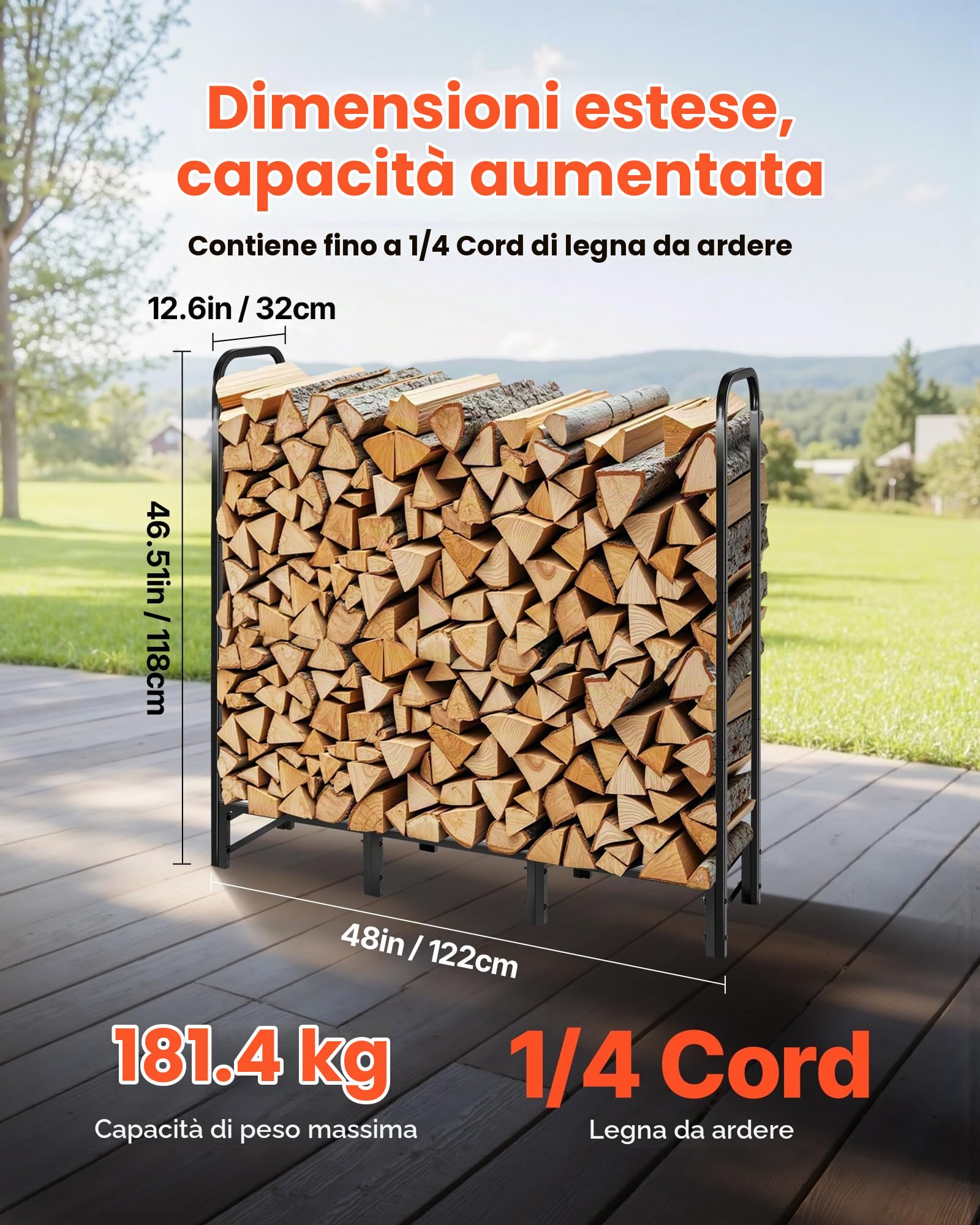 VEVOR Portalegna da Esterna con Copertura Impermeabile, da 1219 mm in Metallo con Cavo, Capacità di Peso 181,4 kg, Portalegna Completamente Coperto e Verniciato a Polvere per Camino