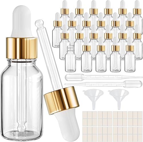 PrettyCare Glass Eye Dropper Bottles 24 Pack, 0.5oz (15ml) Clear Empty Thick Bottles Bulk with Leakproof Golden Caps - With Labels & Funnels for Storage, Travel, Essential Oils, Cuticle, Tinctures