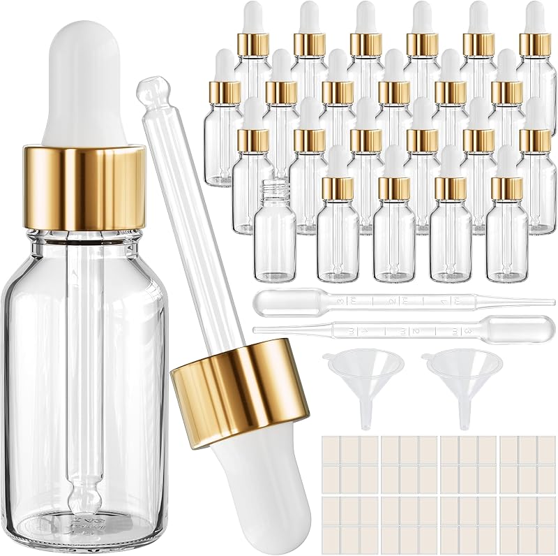 Frascos de vidro PrettyCare com conta-gotas 24 unidades, 15 mL, transparentes, com tampas douradas, etiquetas e funis