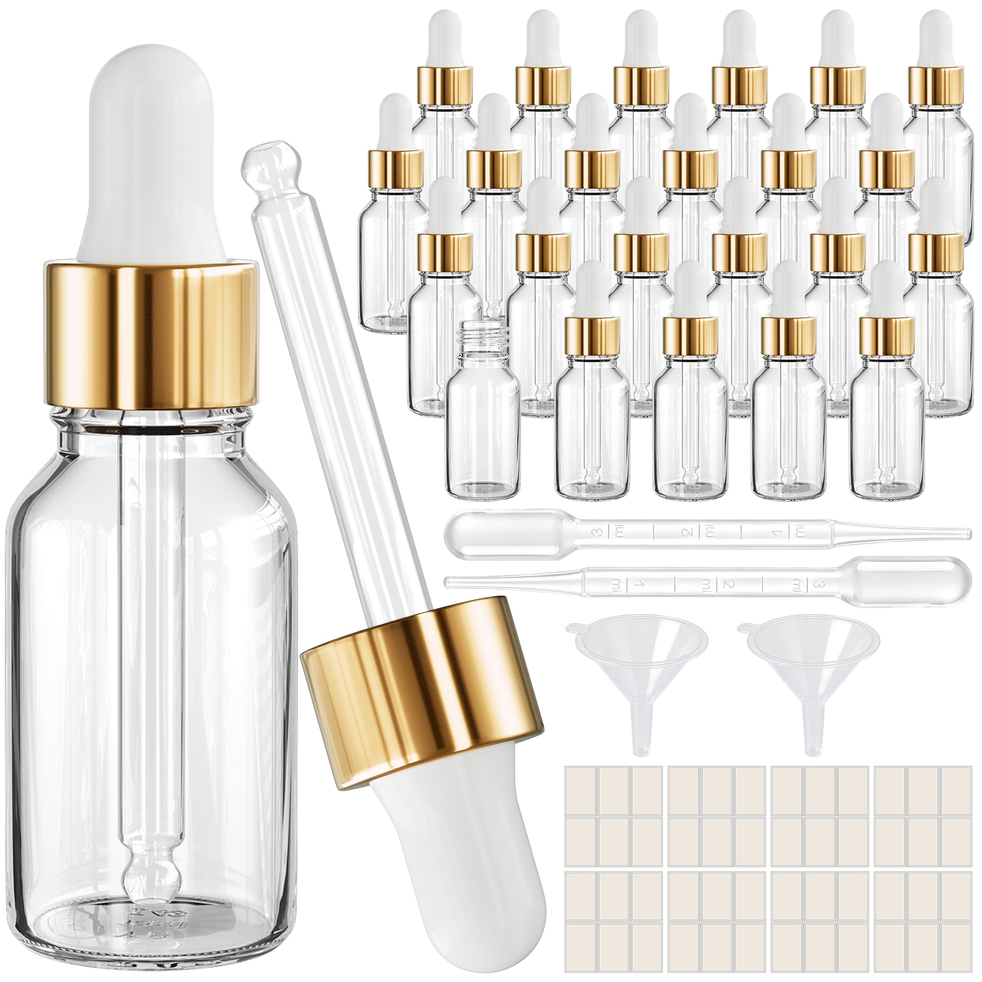 PrettyCare Glass Eye Dropper Bottles 24 Pack, 0.5oz (15ml) Clear Empty Thick Bottles Bulk with Leakproof Golden Caps - With Labels &amp; Funnels for Storage, Travel, Essential Oils, Cuticle, Tinctures