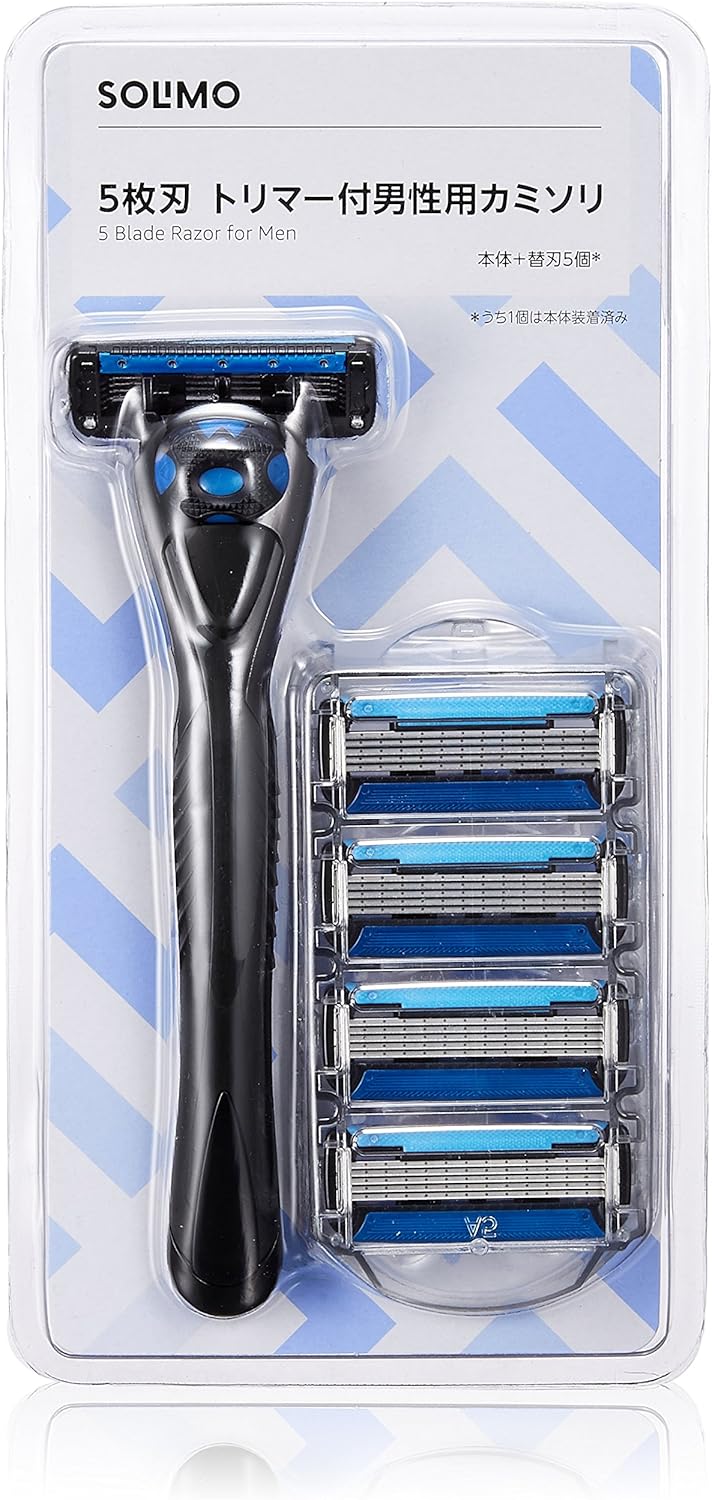Amazon Co Jp Amazonブランド Solimo 5枚刃 トリマー付 男性用 カミソリ本体 替刃5個付 うち1個は本体装着済み ビューティー
