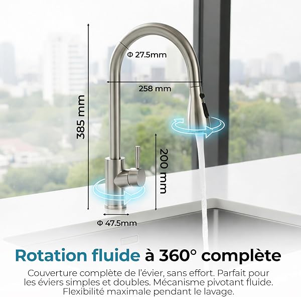 MELTA. Robinet Cuisine Douchette Extractible Pivotant 360° – Mitigeur Cuisine Évier Arc Élevé en Acier Inoxydable, Robinet Flexible avec 3 Modes Jet, Tête Pulvérisation Extractible (NICKEL BROSSÉ) - 2