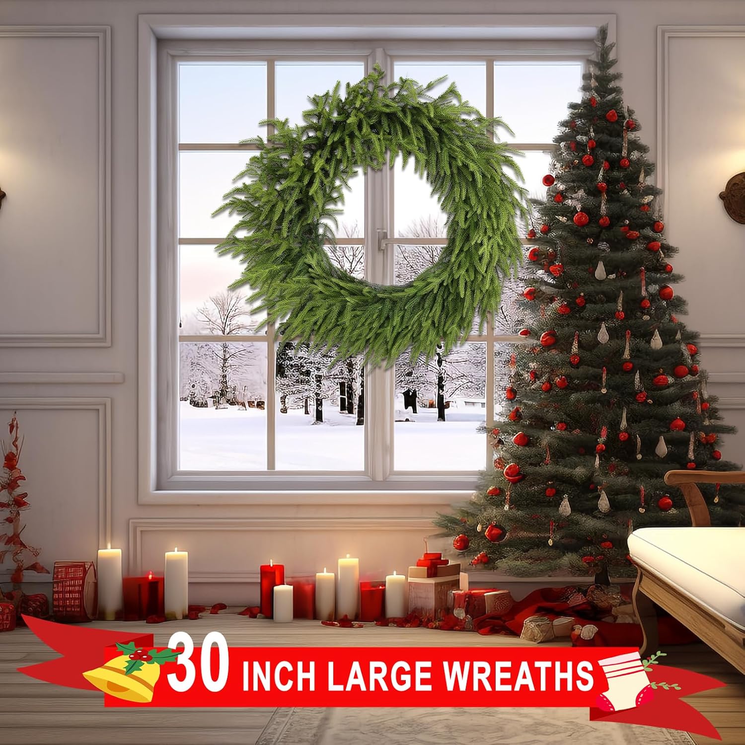 30 Inch Christmas Wreath Large Realistic,Thick Lush,Soft Bendable Faux Cedar Wreath, Large Christmas Wreaths for Front Door, Outdoor Christmas Wreath Outdoor Indoor Christmas Decorations