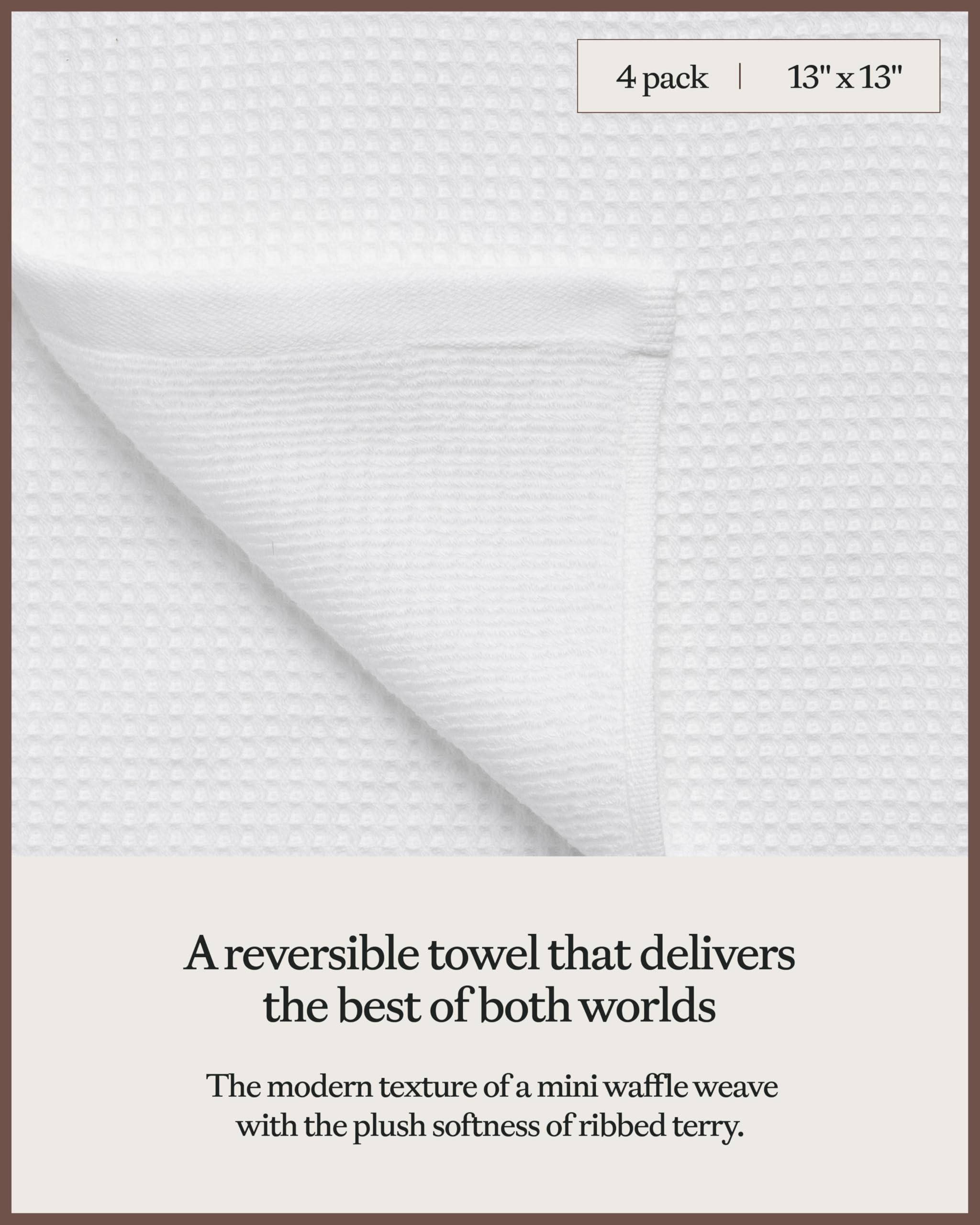 Cozy Earth Waffle Washcloths - 60% Cotton 40% Viscose from Bamboo Washcloths 13 x 13 Inches - Soft & Absorbent Terry, Reversible Mini Textured Waffle & Weave Pattern - 4 Pack