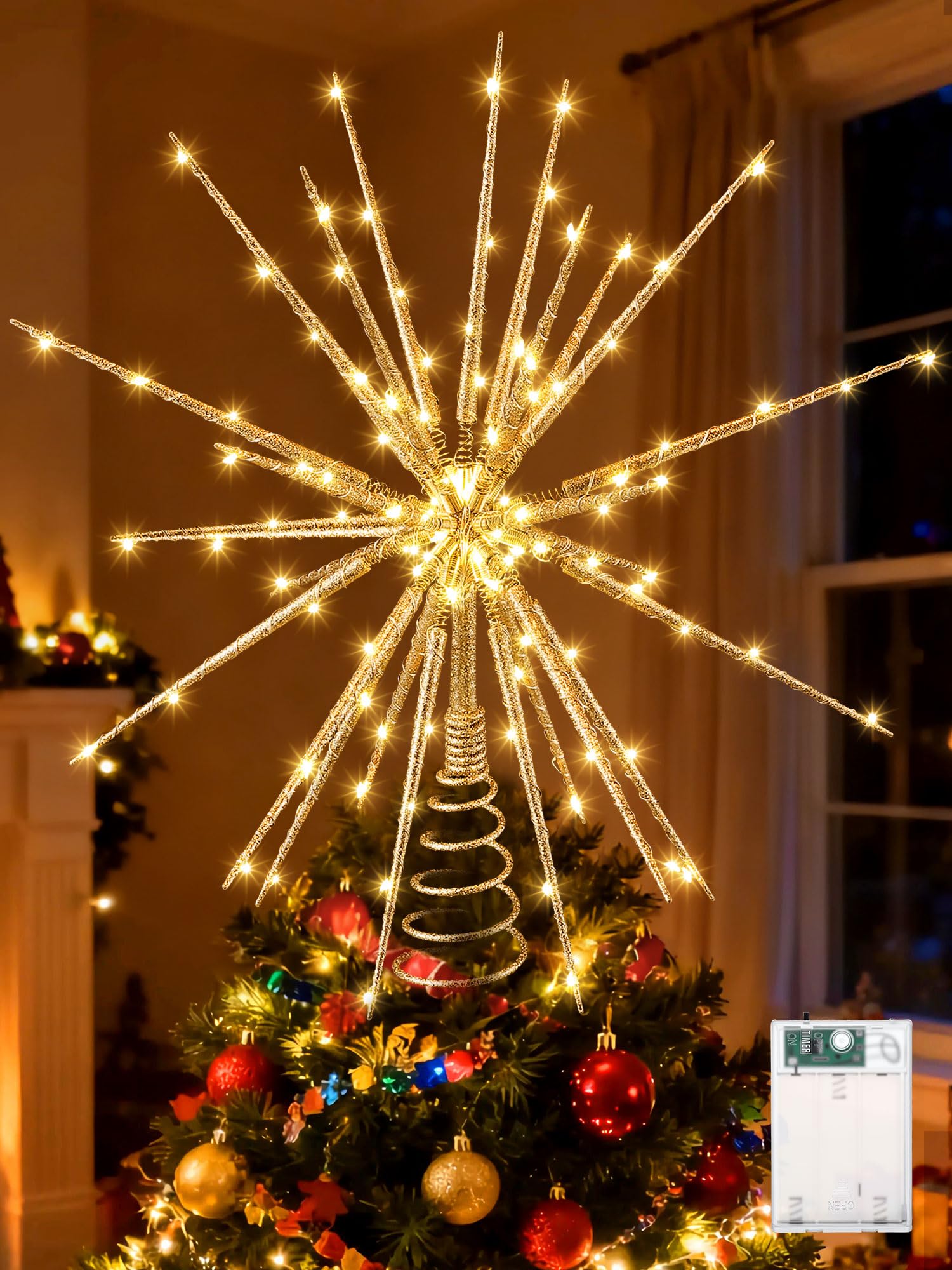 Meonum Cimier de sapin de Noël de 40,6 cm avec lumière LED, 25 lumières scintillantes, étoile de sapin de Noël pour décoration de sapin de Noël, taille universelle pour n'importe quel arbre, léger et