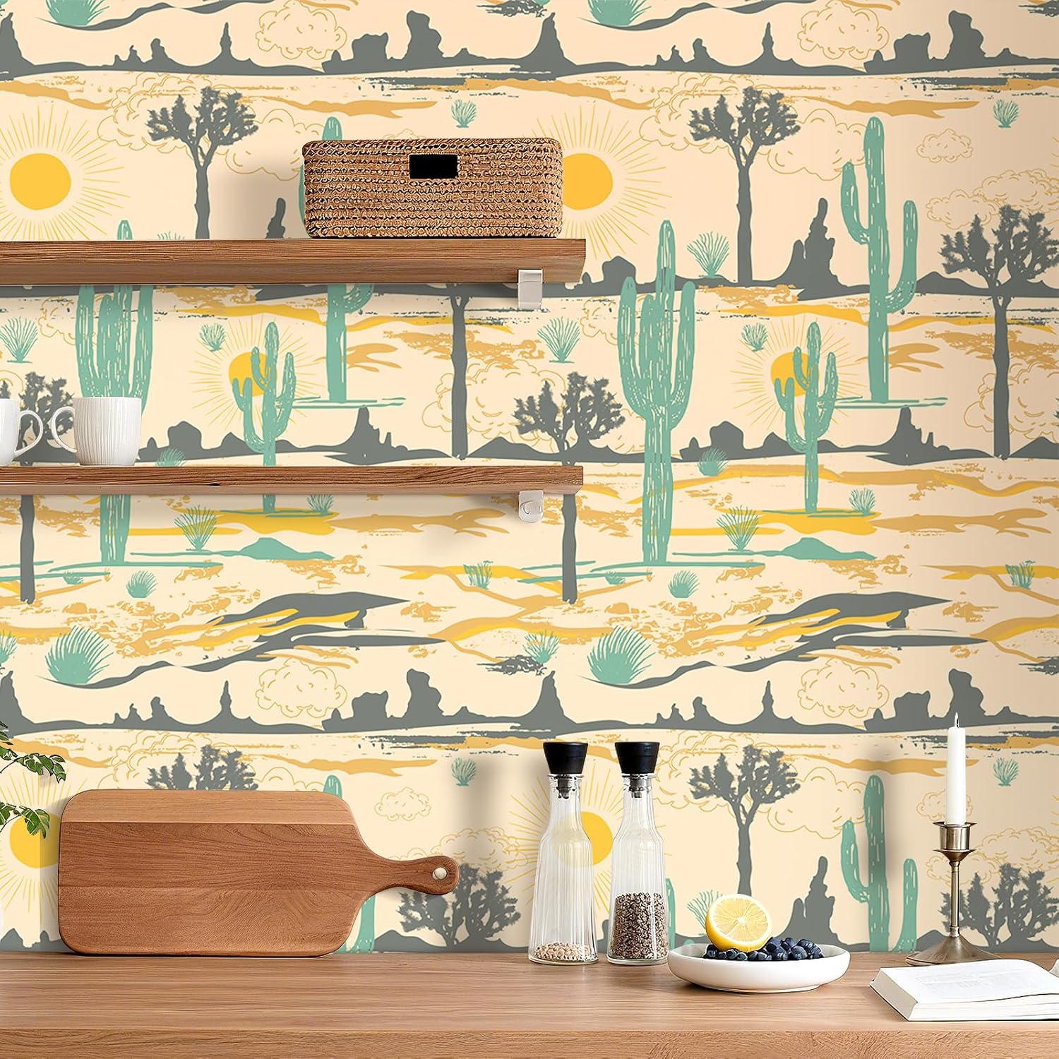 YENHOME Desert Cactus Wallpaper Peel and Stick Earth Yellow Vintage Western Wallpaper 17.5"x118" Boho Sun Joshua Tree Cactus Contact Paper Self Adhesive Wall Paper for Bathroom Living Room Waterproof