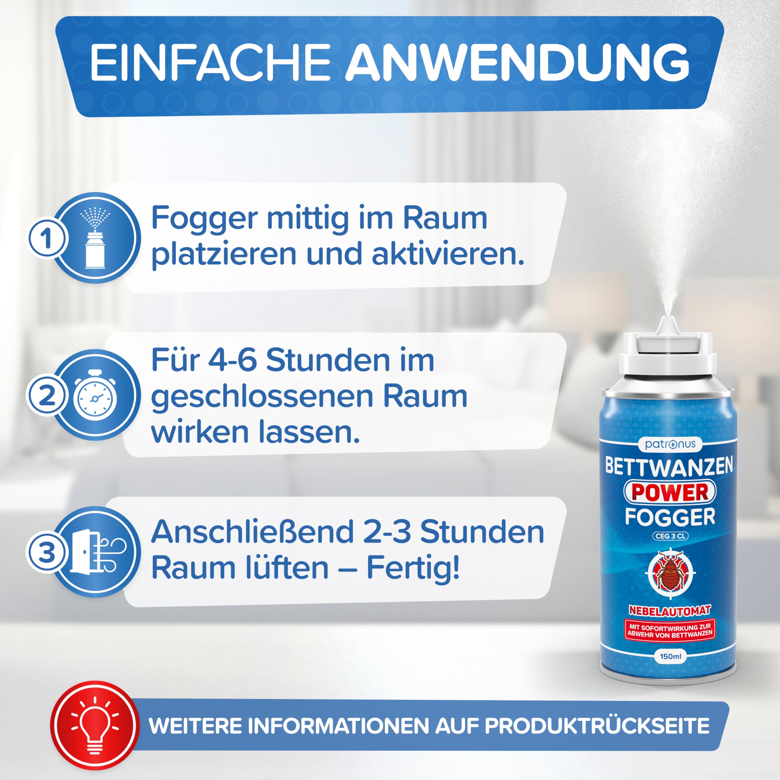 Patronus Bettwanzen Power Fogger mit maximaler Sofortwirkung [2x 150ml] | effektiver Vernebler zur Bettwanzen-Abwehr, für schwierig erreichbare Bettwanzen-Verstecke, aus deutscher Produktion