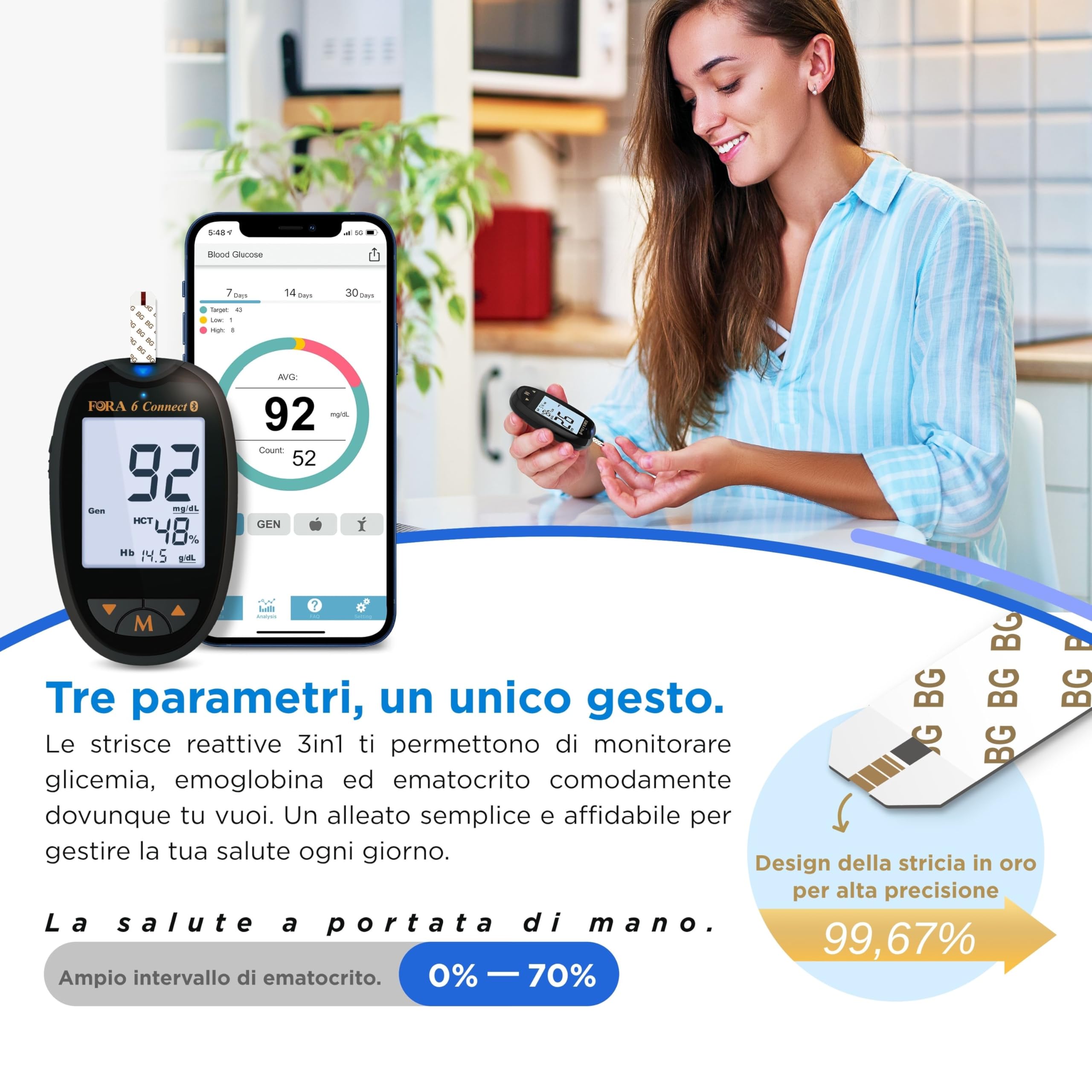 Kit FORA 6 Connect (mg/dl) con 50 Strisce 3-in-1 (Glicemia, Ematocrito, Emoglobina)