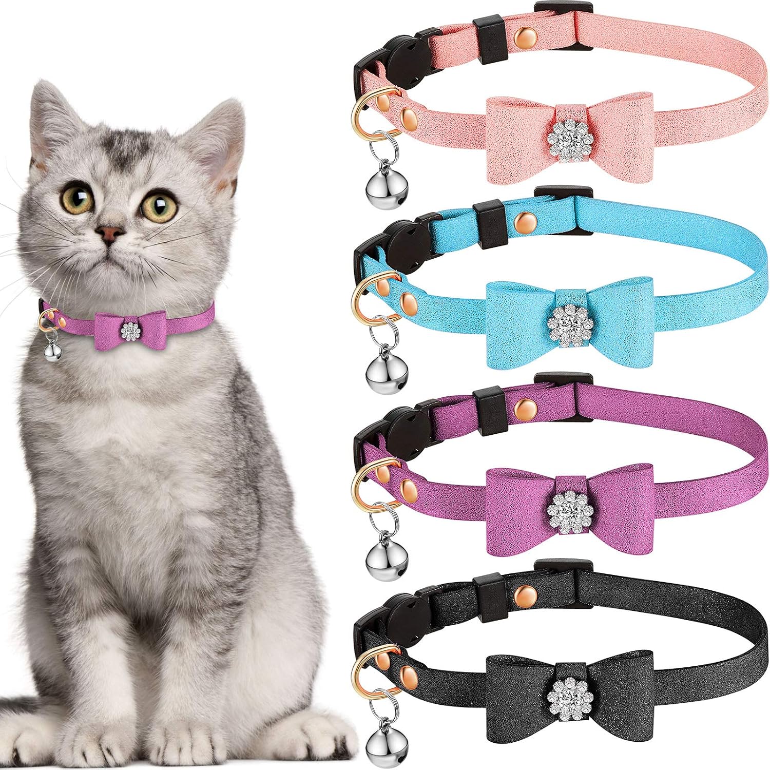 4 Pieces Cat Rhinestones Collars False Diamonds Bowtie Cat Collars Adjustable Safety Breakaway Pet Collars with Bowknot for Kittens Cats…