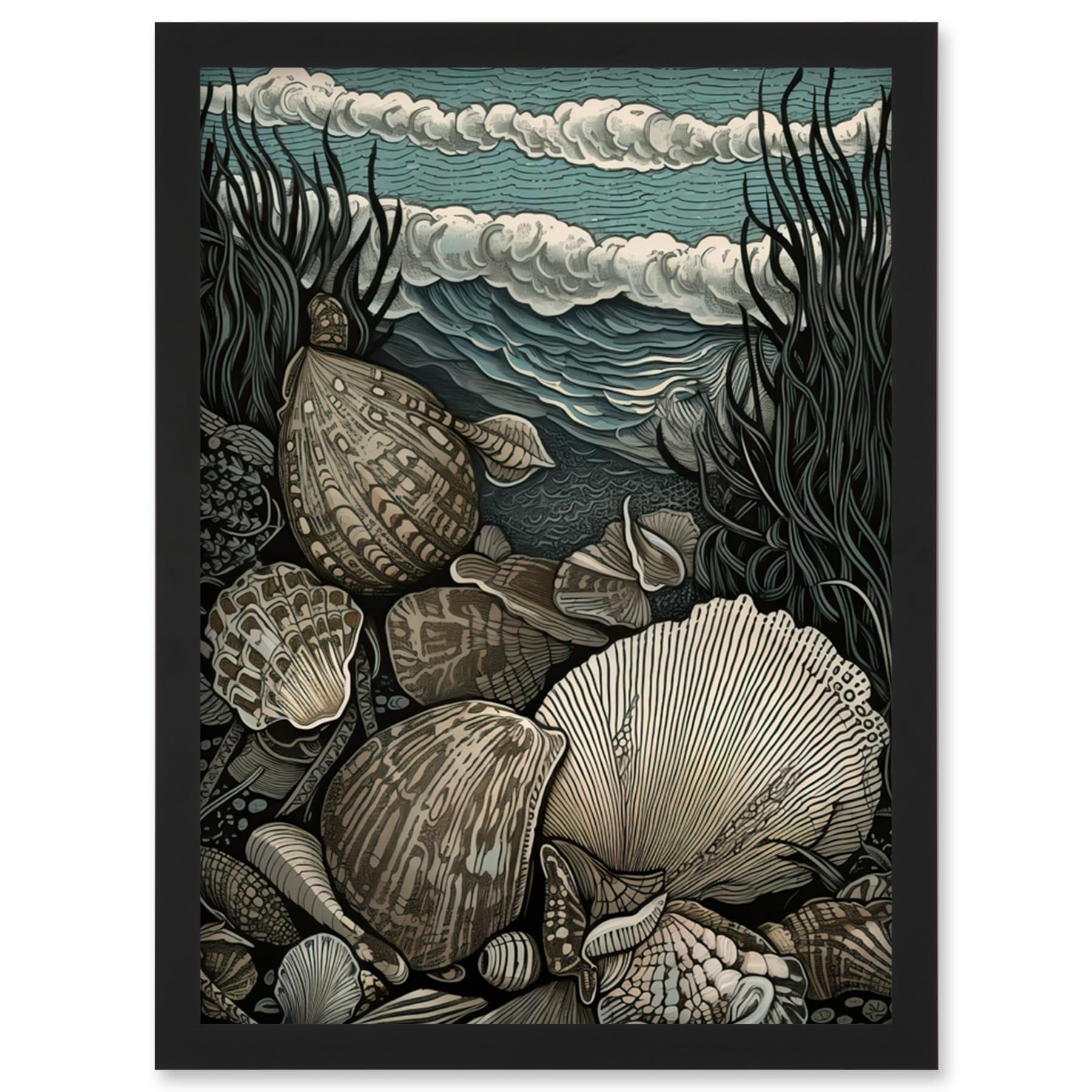 Artery8 Seashells by the Shore Modern Coastal Illustration Artwork Framed Wall Art Print A4