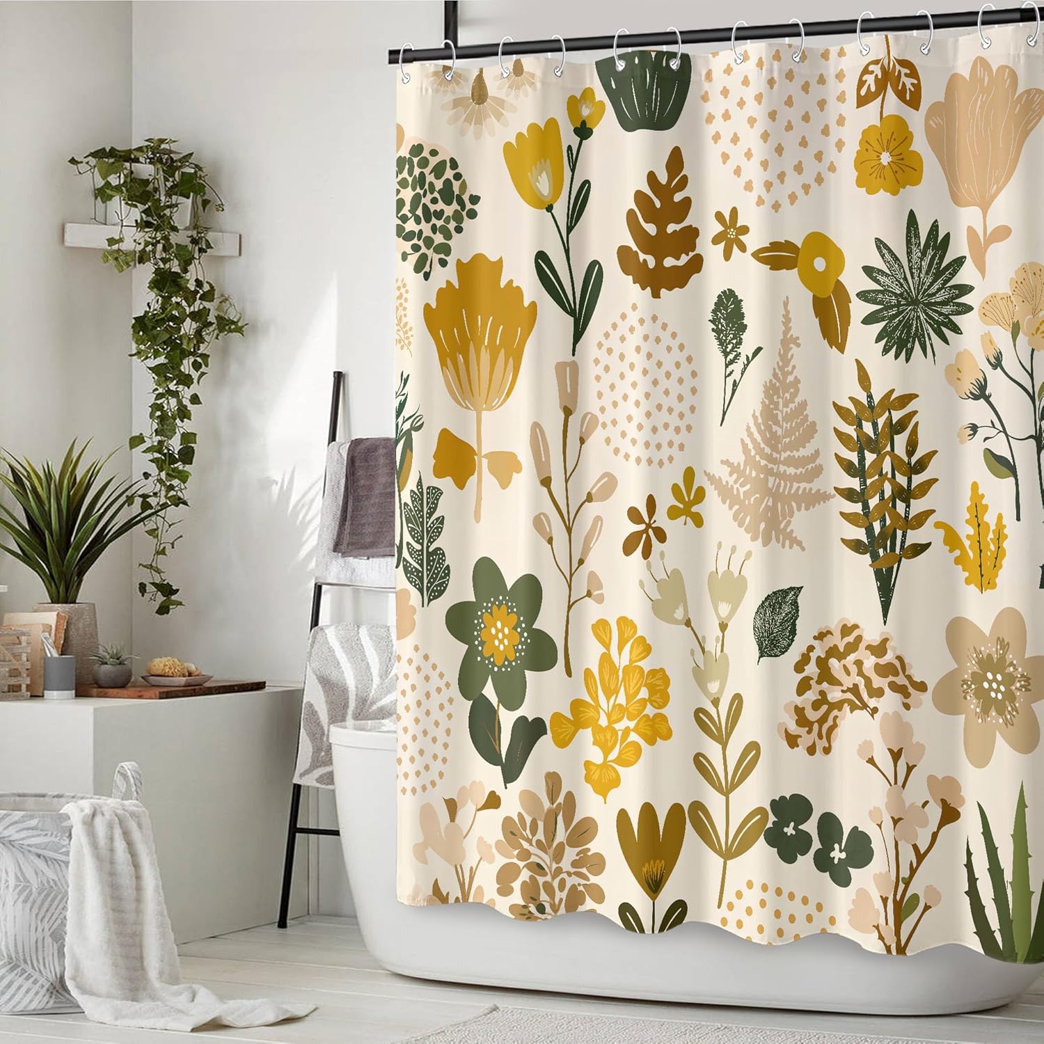 Lush Floral Shower Curtain Set Dense Flower Print Waterproof Bathroom Decor Organic Botanical Theme 72x72 Inch