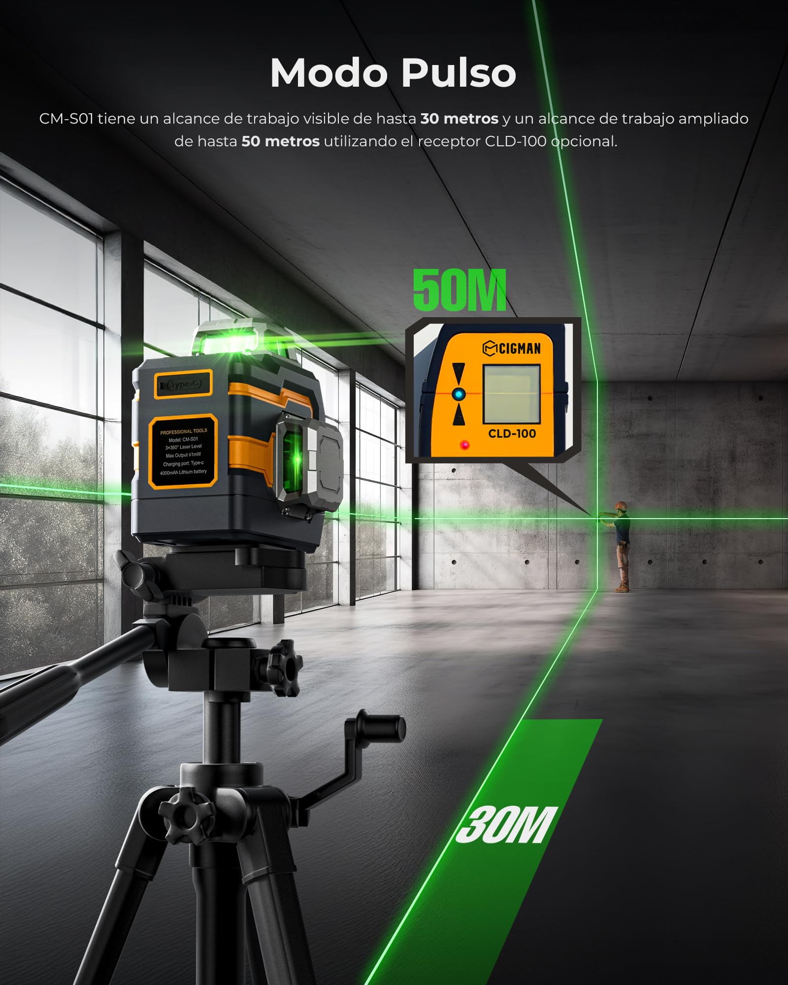 CIGMAN Nivel Láser Verde, Control Remoto Inalámbrico Bluetooth por APP, Autonivelante con Herramienta de Línea Cruzada 3x360° Línea Horizontal/Vertical, con Soporte Giratori