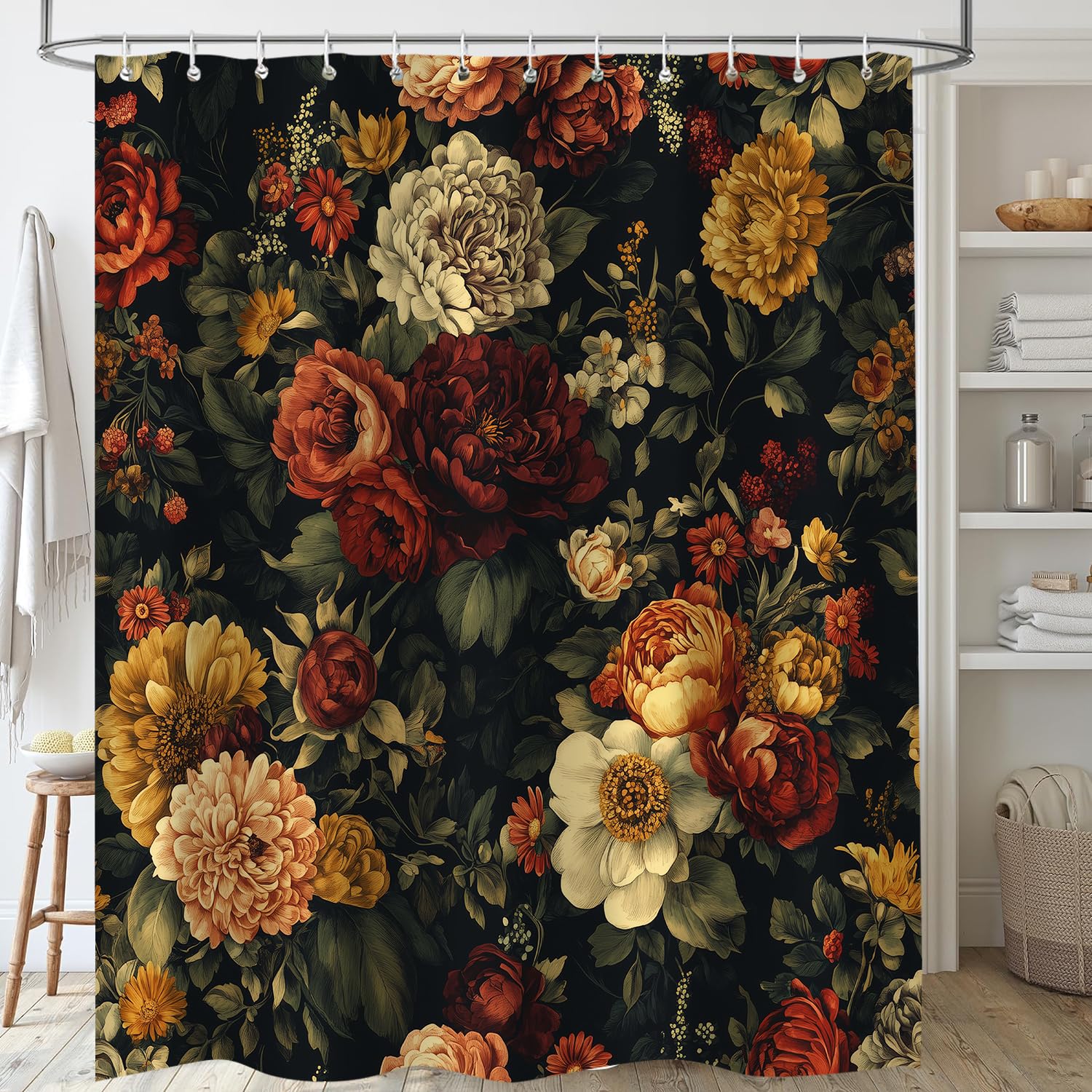 Duschvorhang-Set Mit Blumenmuster – Boho Vintage Design Inkl. Matte & WC-Sitzbezug