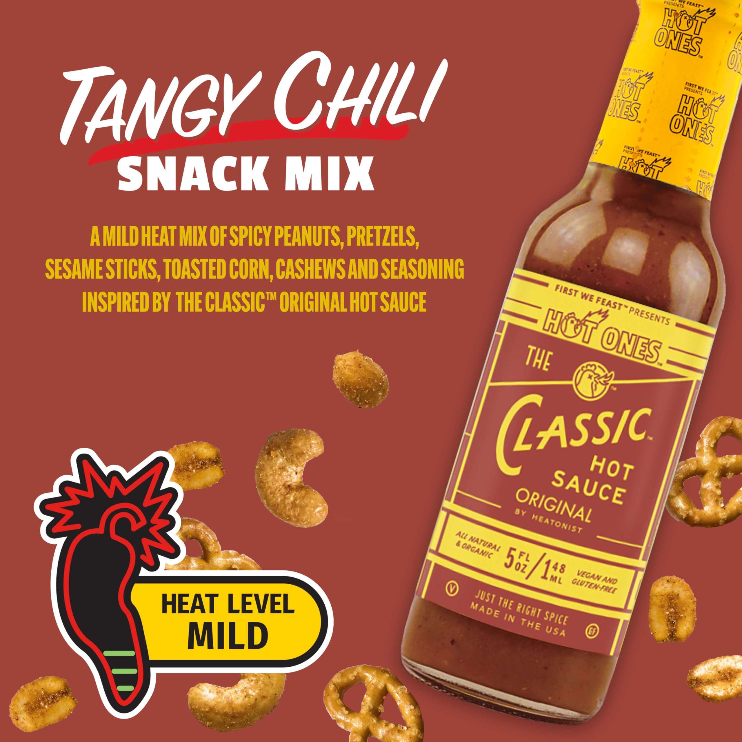 Snak Club Hot Ones Snack-Mix, Hot Habanero, Sweet Smoky und Tangy Chili, würzige Snacks mit Erdnüssen, Brezeln, Sesamstäbchen, gerösteter Mais, Cashews, veganer Snack, wiederverschließbare Beutel, 3