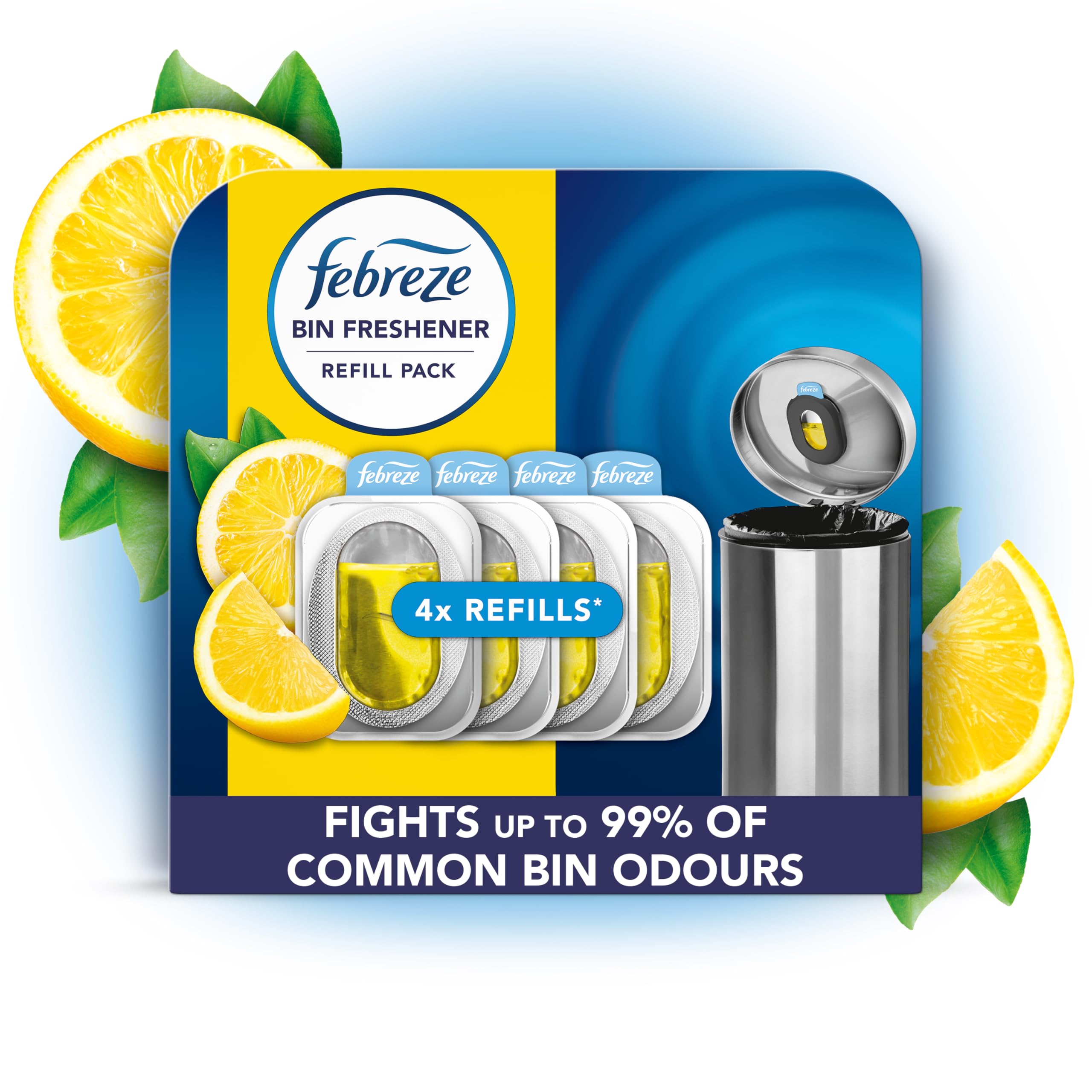 Febreze Bin Freshener Refill Pack, 4x Refills, Citrus Fresh, 4x4.88ml, Fights Up To 99% Of Common Bin Odours, Leaves A Fresh Scent