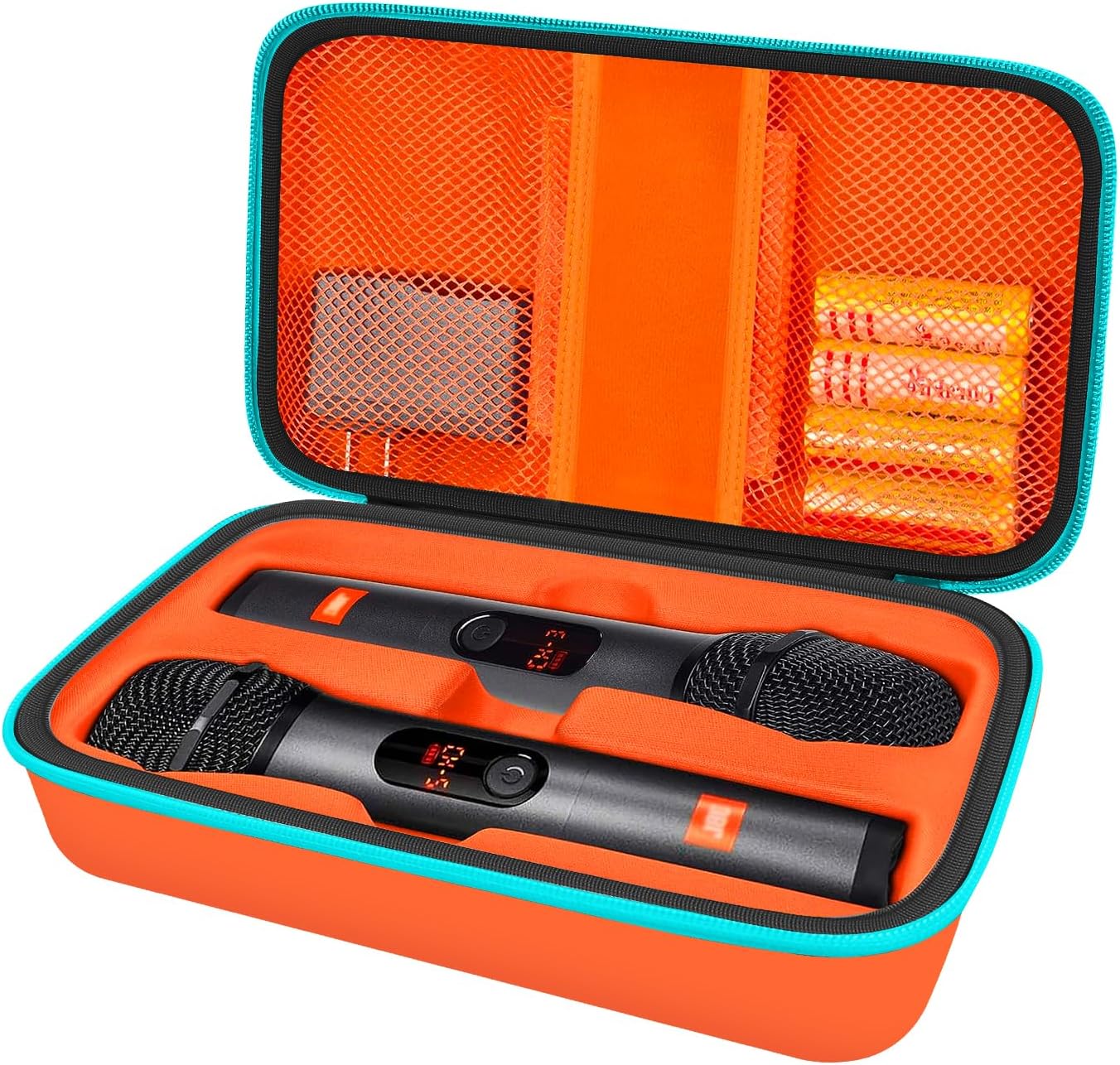 Wireless Microphone Case Compatible with J-B-L Wireless Two Microphone System, Portable Handheld Dual Mic Travel Storage Bag for Singing or Karaoke for Receivers, Adapters, AA Batteries – Orange