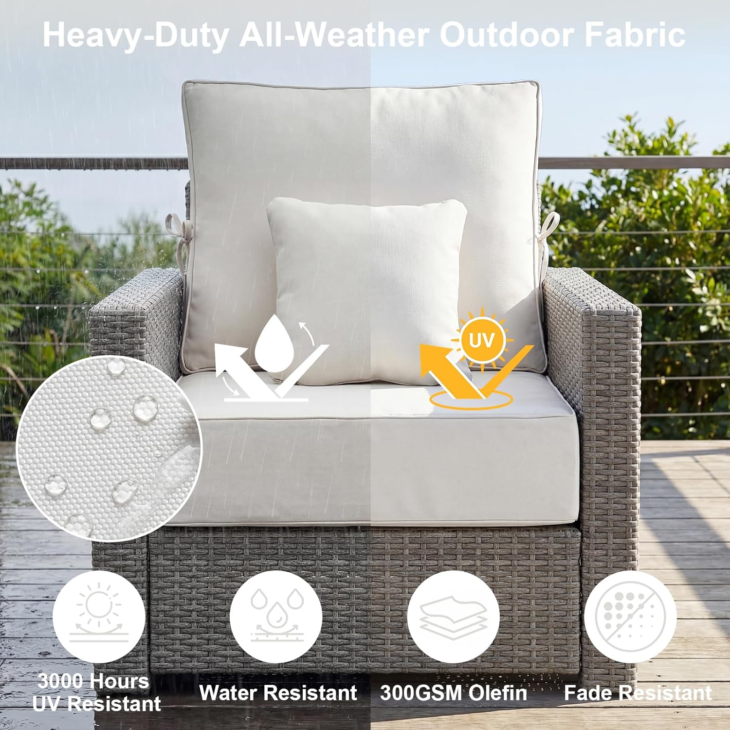 Extra Thick 6 Inch Outdoor Chair Cushions, 24x24 Deep Seat Cushions Set for Patio Furniture with Back Cushion & Pillow, Water Resistant Replacement Cushions for Outdoor Chairs, Beige