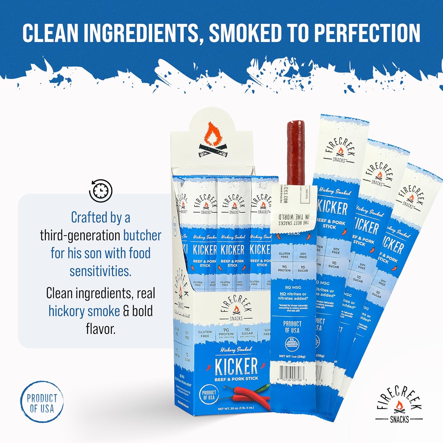 FireCreek Snacks Beef Sticks (Jerky Sticks), Hickory Smoked Beef & Pork Meat Sticks, 20 Pack (1 oz), 7g Protein, 1g Carbs, Gluten Free, Soy Free, No MSG, Kicker Spicy