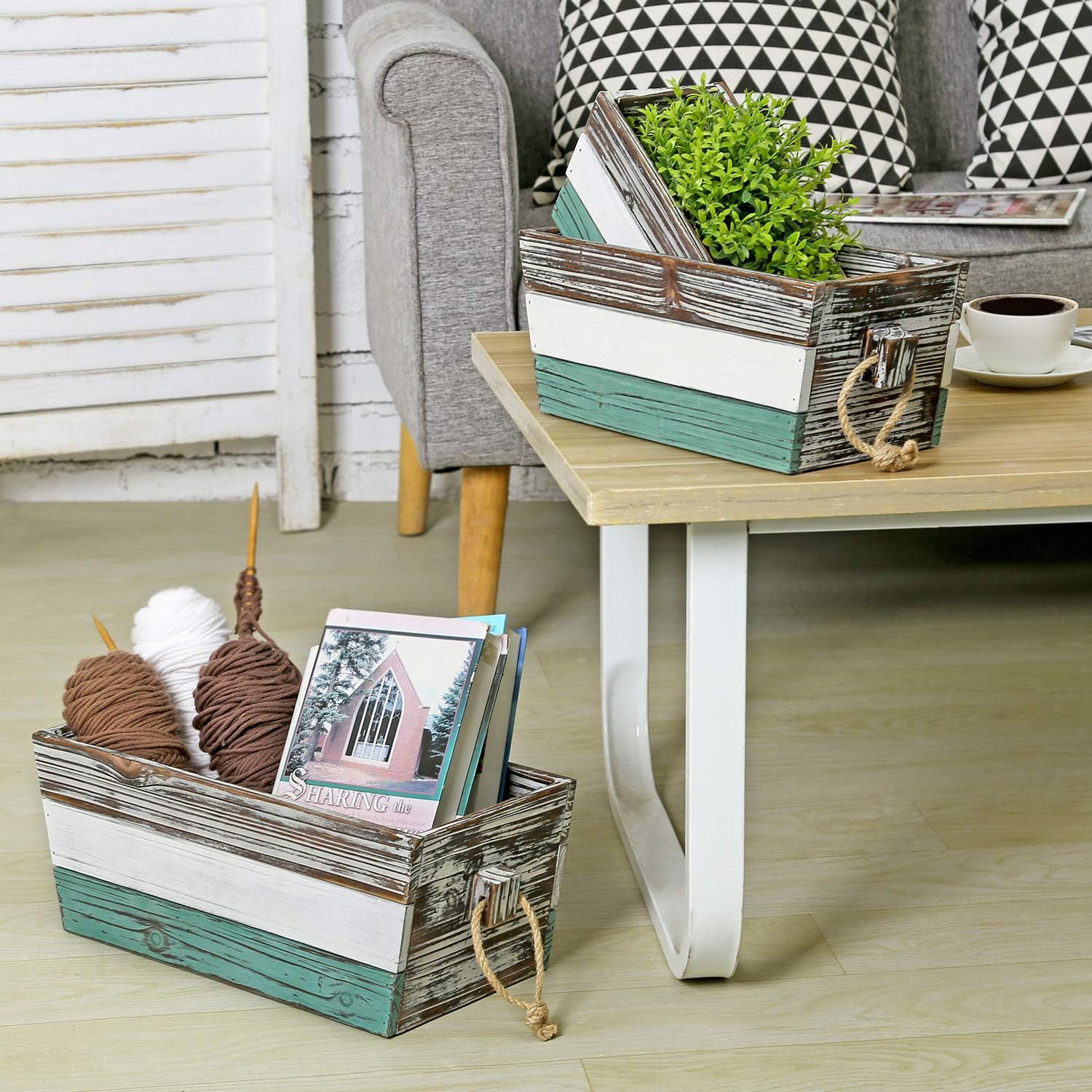 MyGift Rustic Torched Wood Storage Crate, Decorative Box Nesting Container with Multicolored Painted Stripes and Rope Handles, 3 Piece Set