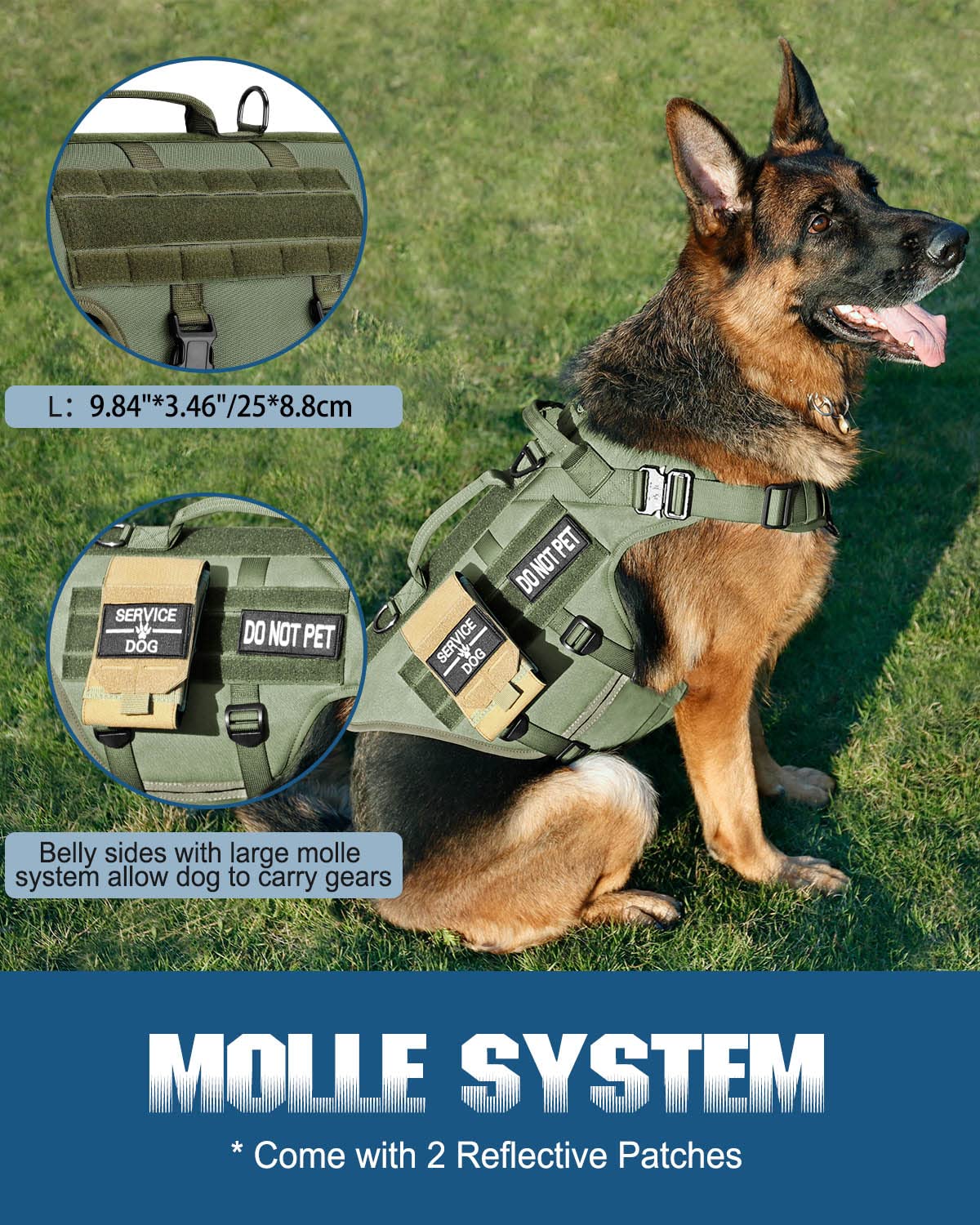 Petnanny - Arnés táctico para perros grandes, cobertura completa del cuerpo en entrenamiento con 2 parches reflectantes para perros, asa, paneles de gancho y bucle, chaleco Molle para perros