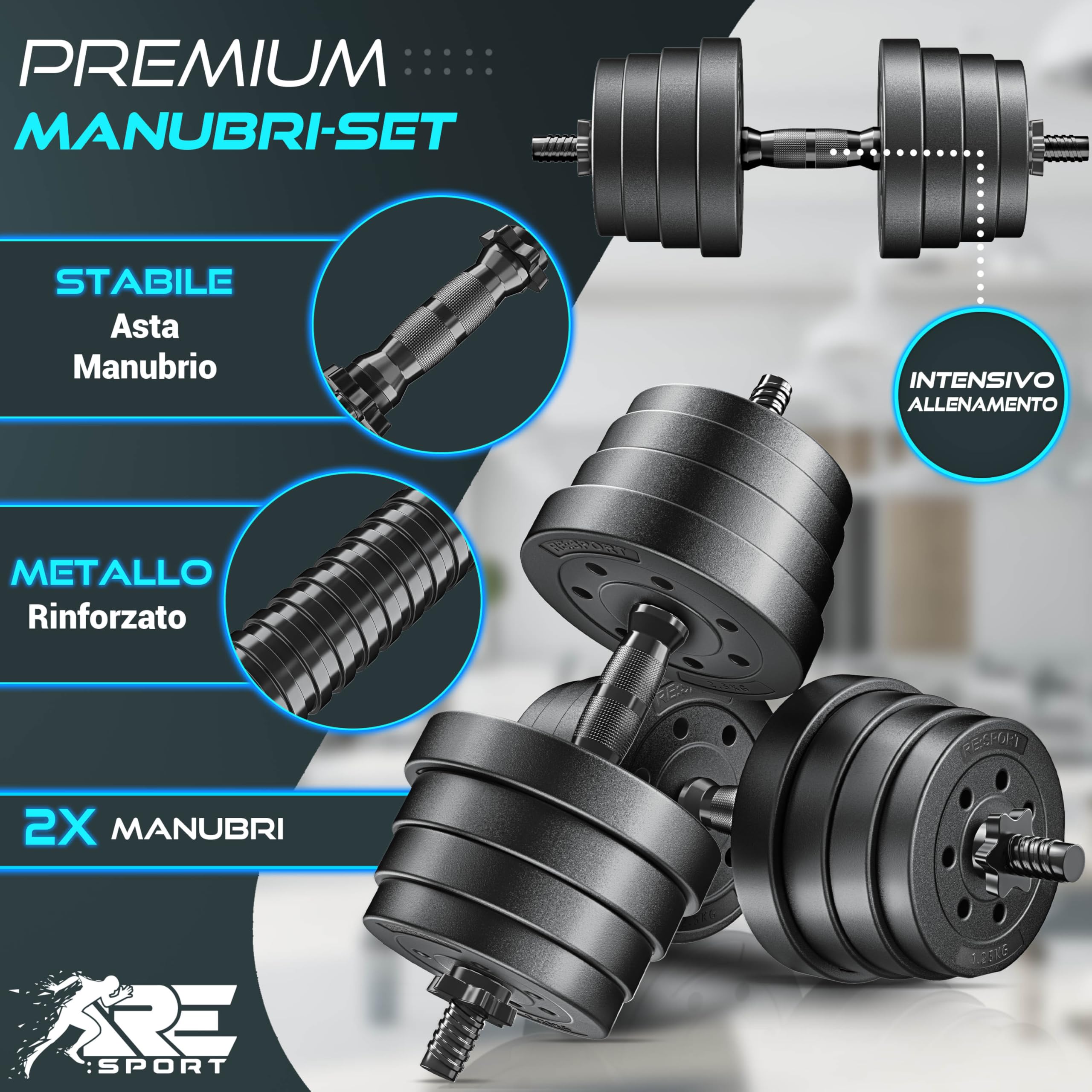 RE:SPORT Set di 2 manubri regolabili 15/20/30/40 kg | Set di 2 manubri | manubri con pesi e 4 chiusure a stella | manubri fitness per costruzione muscolare, allenamento e casa