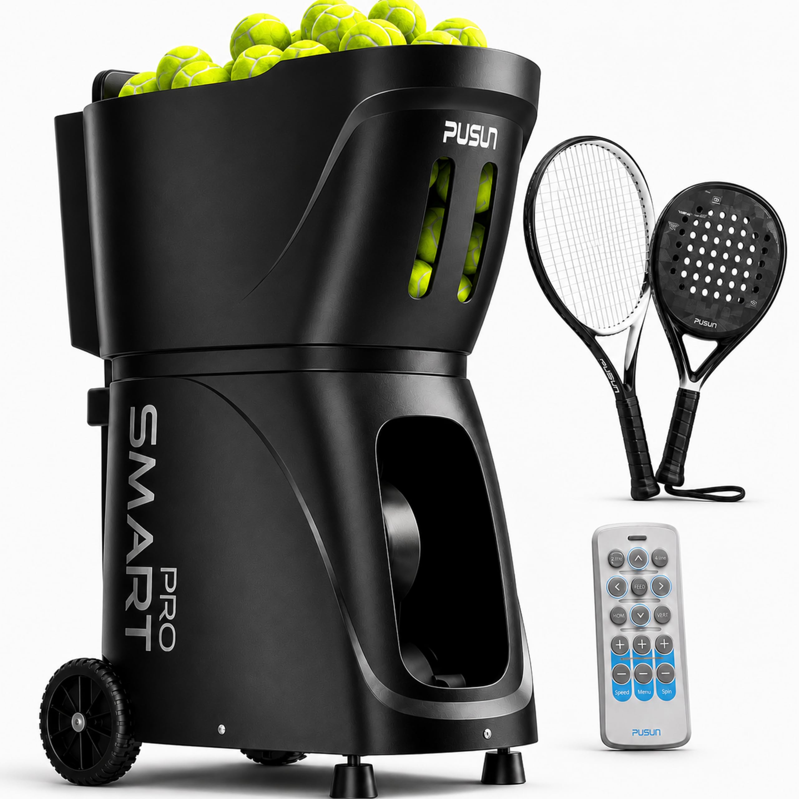 PUSUN PT-SMART Pro Tennis- & Padel-Ballmaschine mit App-Steuerung & Fernbedienung, automatische Ballwurfmaschine mit 28/20 Landepunkten, 26 Trainingsmodi, Topspin/Backspin, 115+ Bälle, 4–6 Std. Akku