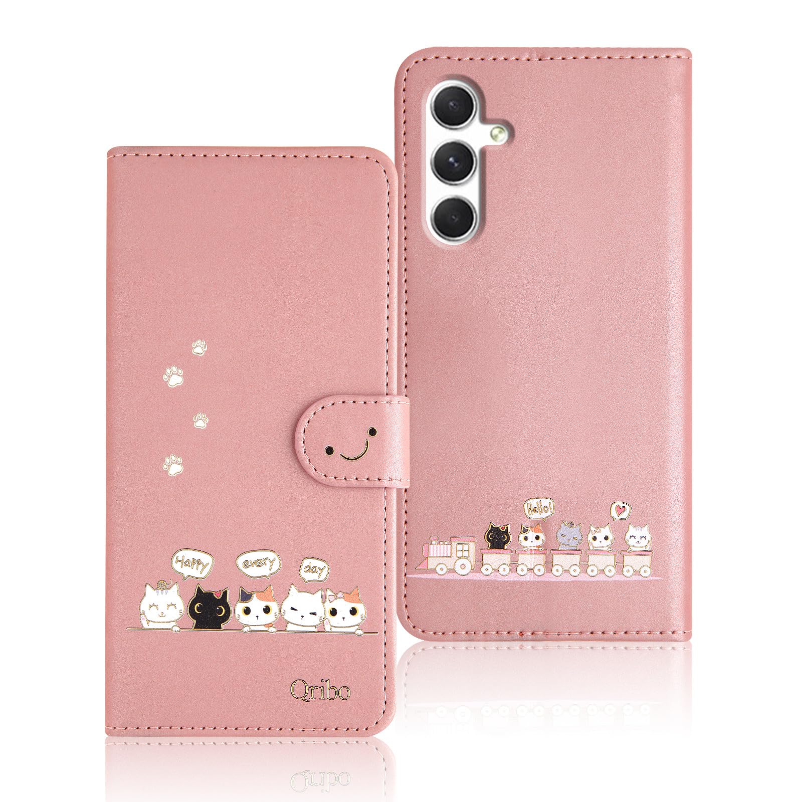 Qribo Galaxy S24 ケース 手帳型 Galaxy S25 手帳ケース シンプルなのに可愛いデザイン エンボス加工猫柄 うれしい気持ち 6.2インチ対応 ギャラクシーs24 ケース 手帳型 SCG25 SC-51E ケース GalaxyS24 カバー SCG31 SC-51F スマホケース Galaxy S25 ケース 薄型 防水 の耐久性 滑り防止 美しい 贈り物 友達 - ピンク