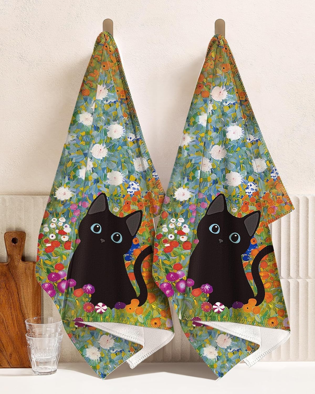 Cute Kitchen Towels Set of 2 - Dish Towels 18 x 26 Inch Microfiber Tea Towel for Home Decorative Black Cat Flower Spring Farmhouse Soft Reusable & Absorbent Aesthetic Vintage Design - Image 3