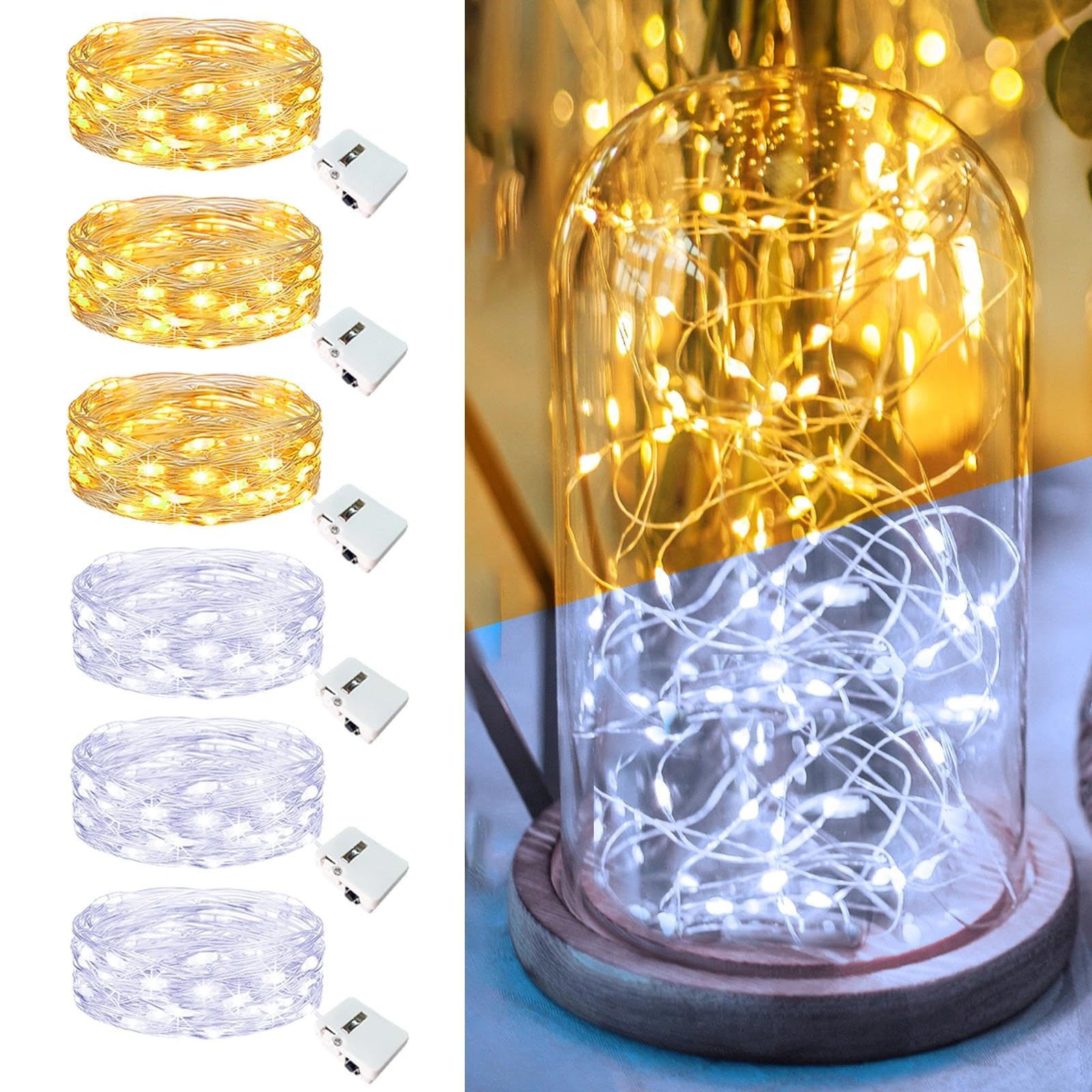 6 Pack Fairy Lights Battery Operated - 7ft 20 Led Twinkle Lights 3 Modes, Bulk Mini String Lights Waterproof for Mason Jars Vases DIY Party Wedding-Warm White &amp; Cold White