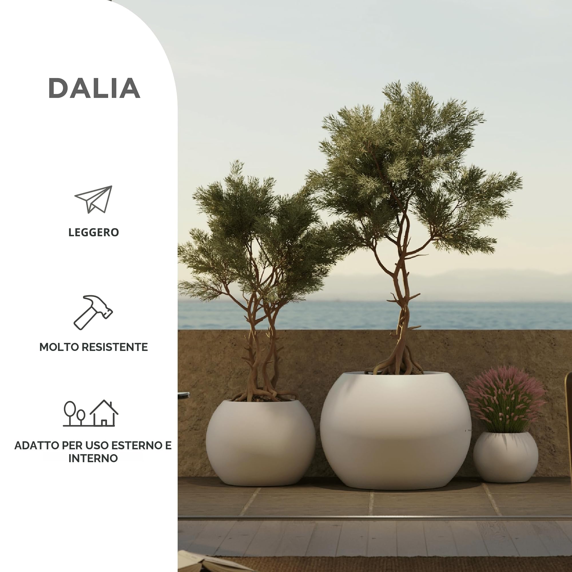 newgarden - Vaso rotondo per piante e fiori, Dalia molto resistente all'esterno, dimensioni disponibili. Include la riserva di drenaggio dell'acqua. Realizzato in polietilene in Spagna