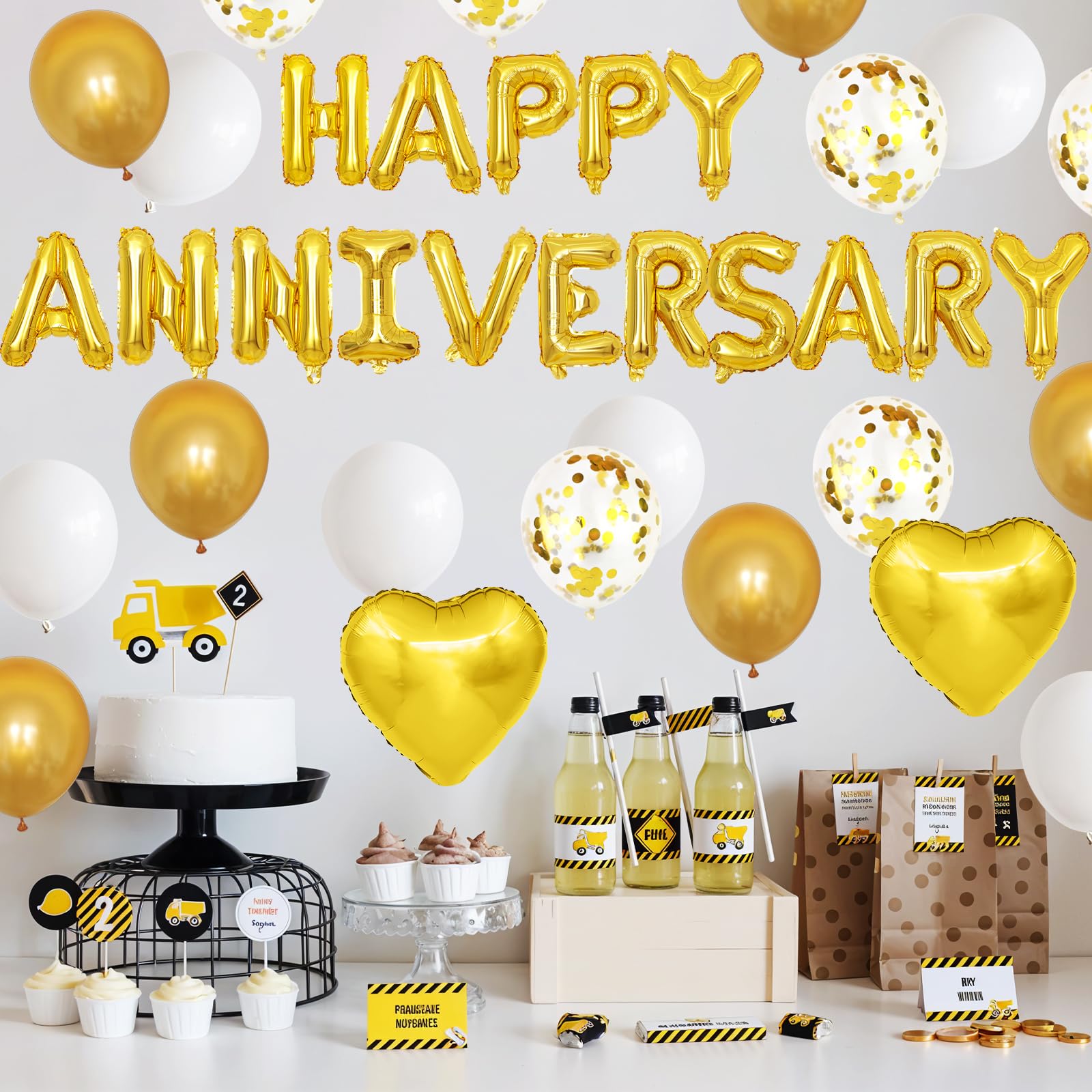 Anniversary Decorations Gold White,Happy Anniversary Foil Balloon Banner with Confetti,Latex,Foil Heart Balloons for Celebrations Surprise Events Romantic Night Weddings - Image 3