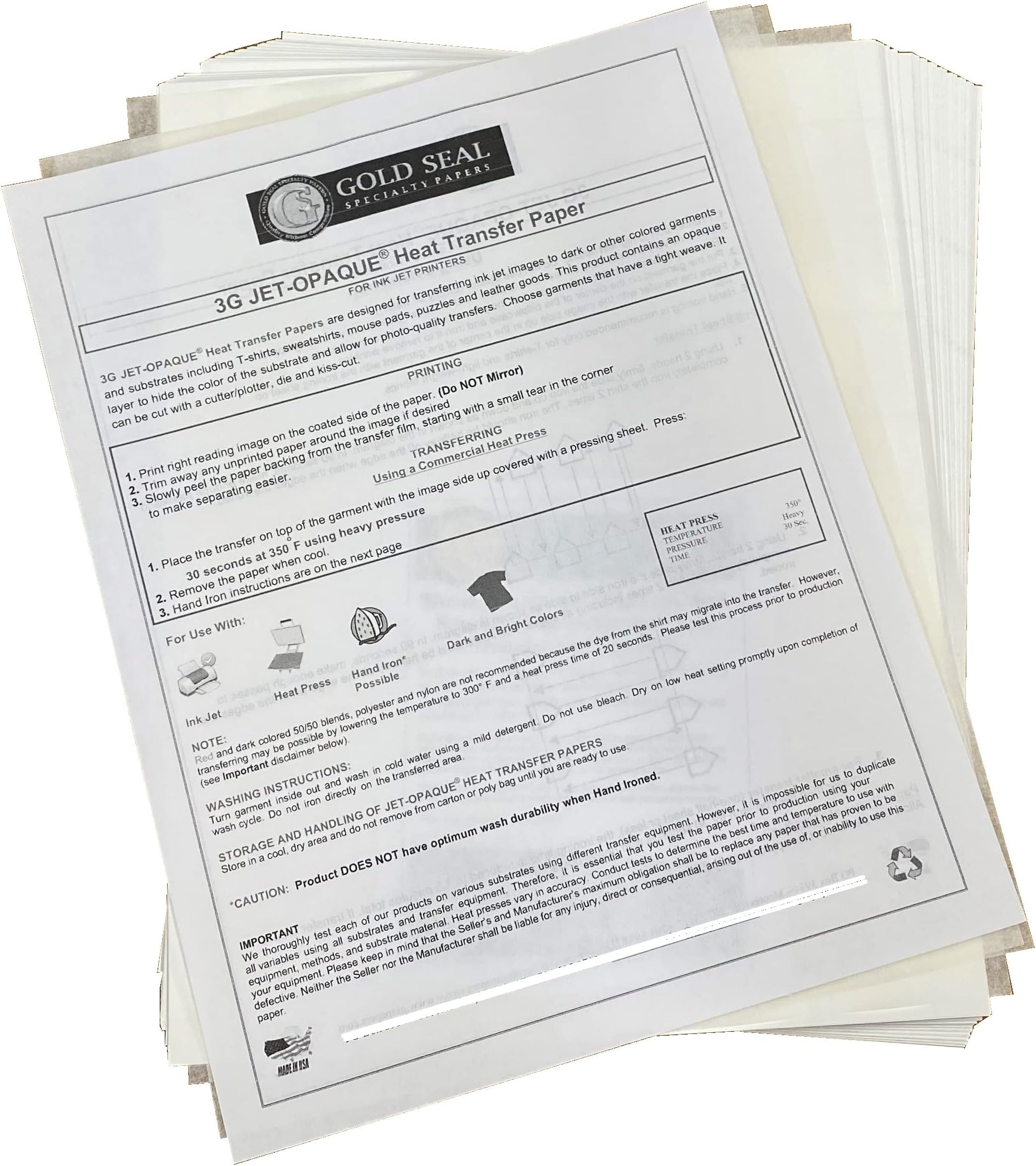 Iron ON Heat Transfer Paper 3G Jet Opaque 8.5" x 11" Custom Pack 100 Sheets